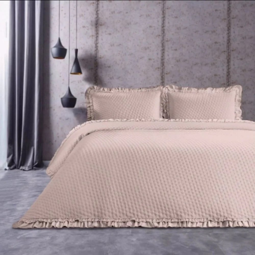 İpekçe Fırfırlı Natural 3 Parça Çift Kişilik Yatak Örtüsü Seti - 240x260 cm Bej Romantik Tasarım