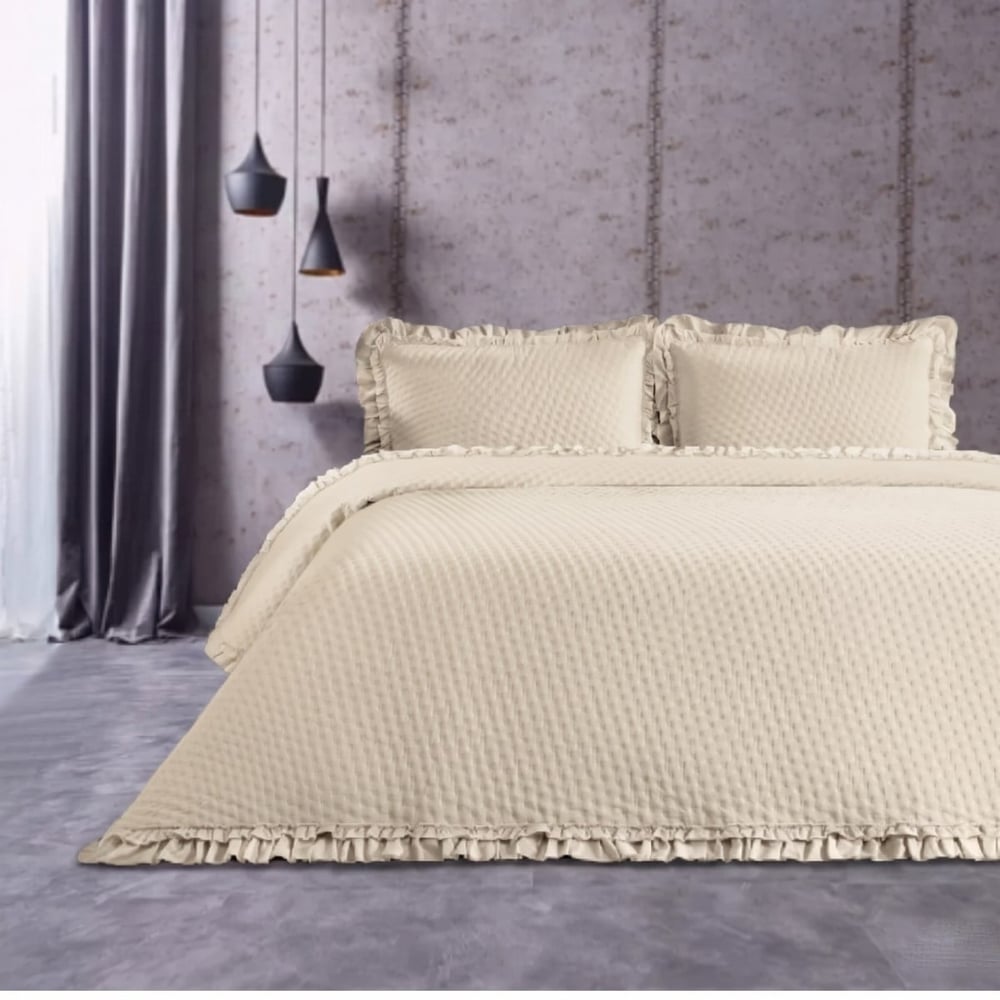 İpekçe Fırfırlı Natural 3 Parça Çift Kişilik Yatak Örtüsü Seti - 240x260 cm Krem Romantik Tasarım