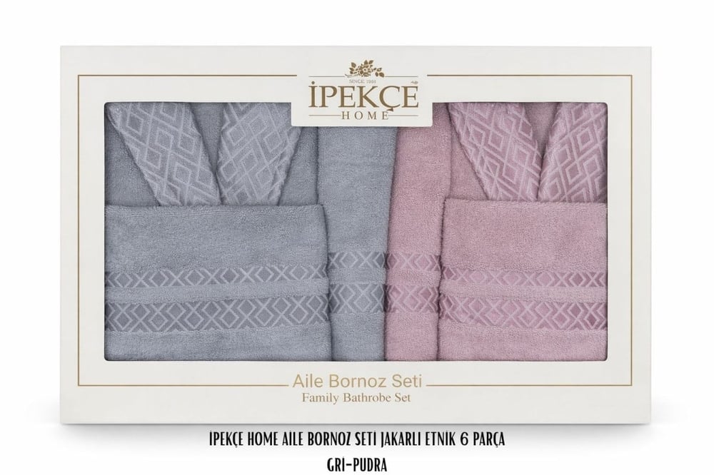 İpekçe Jakarlı Etnik Aile Bornoz Seti - 6 Parça %100 Pamuk Gri-Pudra