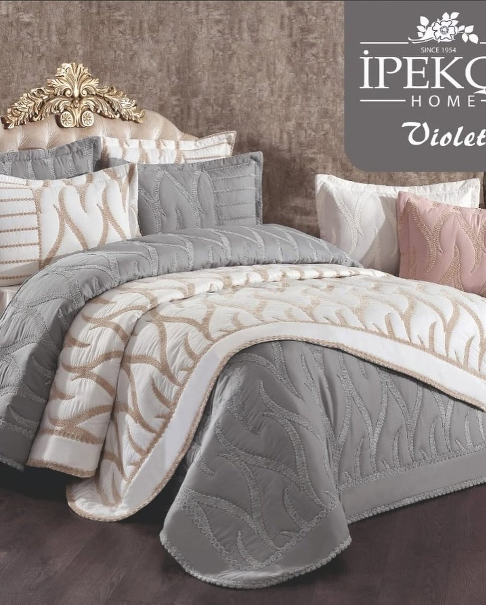 İpekçe Violet 3 Parça Çift Kişilik Yatak Örtüsü Seti - 240x250 cm Gri Modern Dokulu Yatak Örtüsü