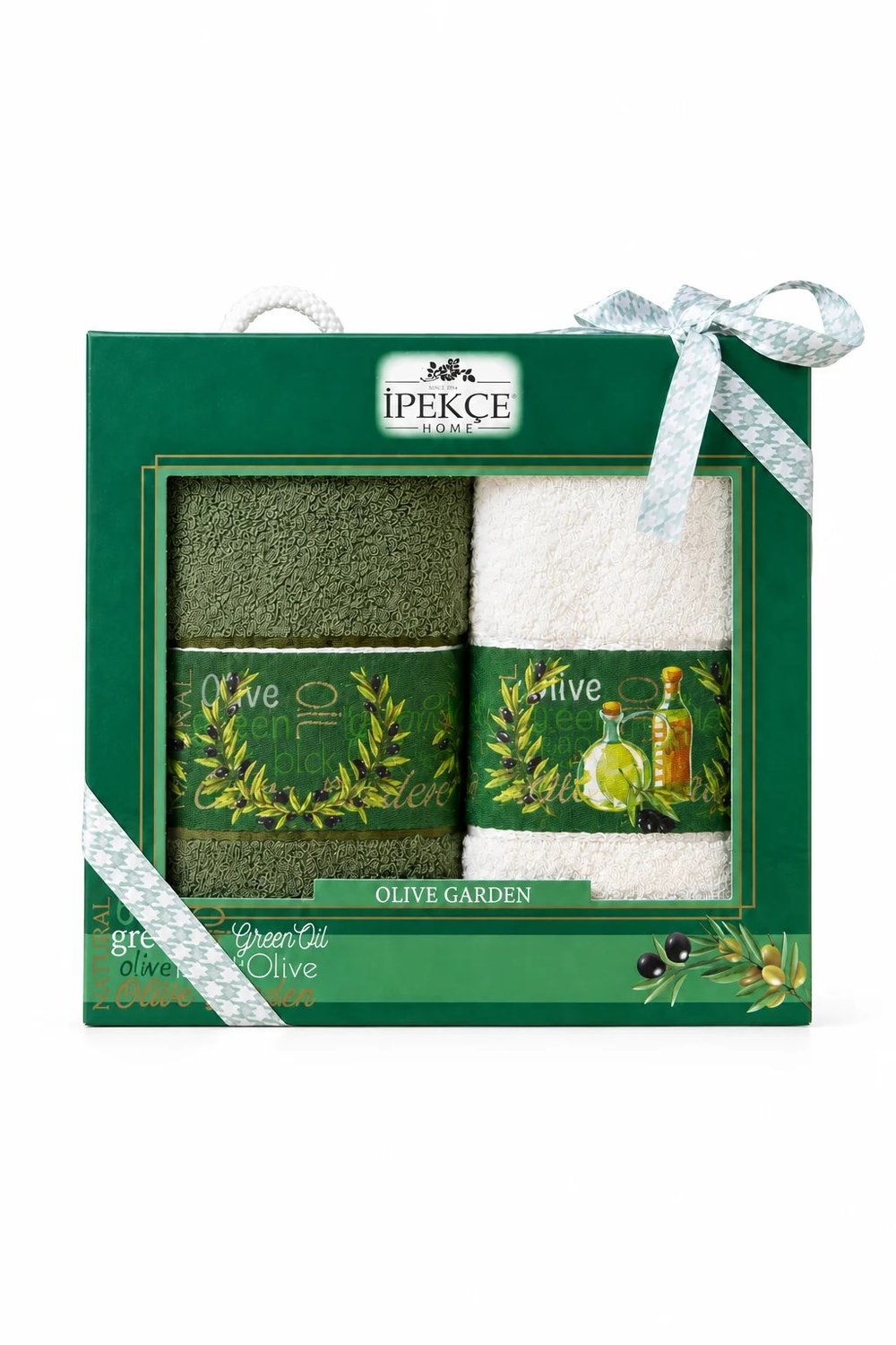 Truva Zeytin Desenli Baskılı Mutfak Peçetesi Seti 2’li 30x50 cm Koyu Yeşil-Beyaz