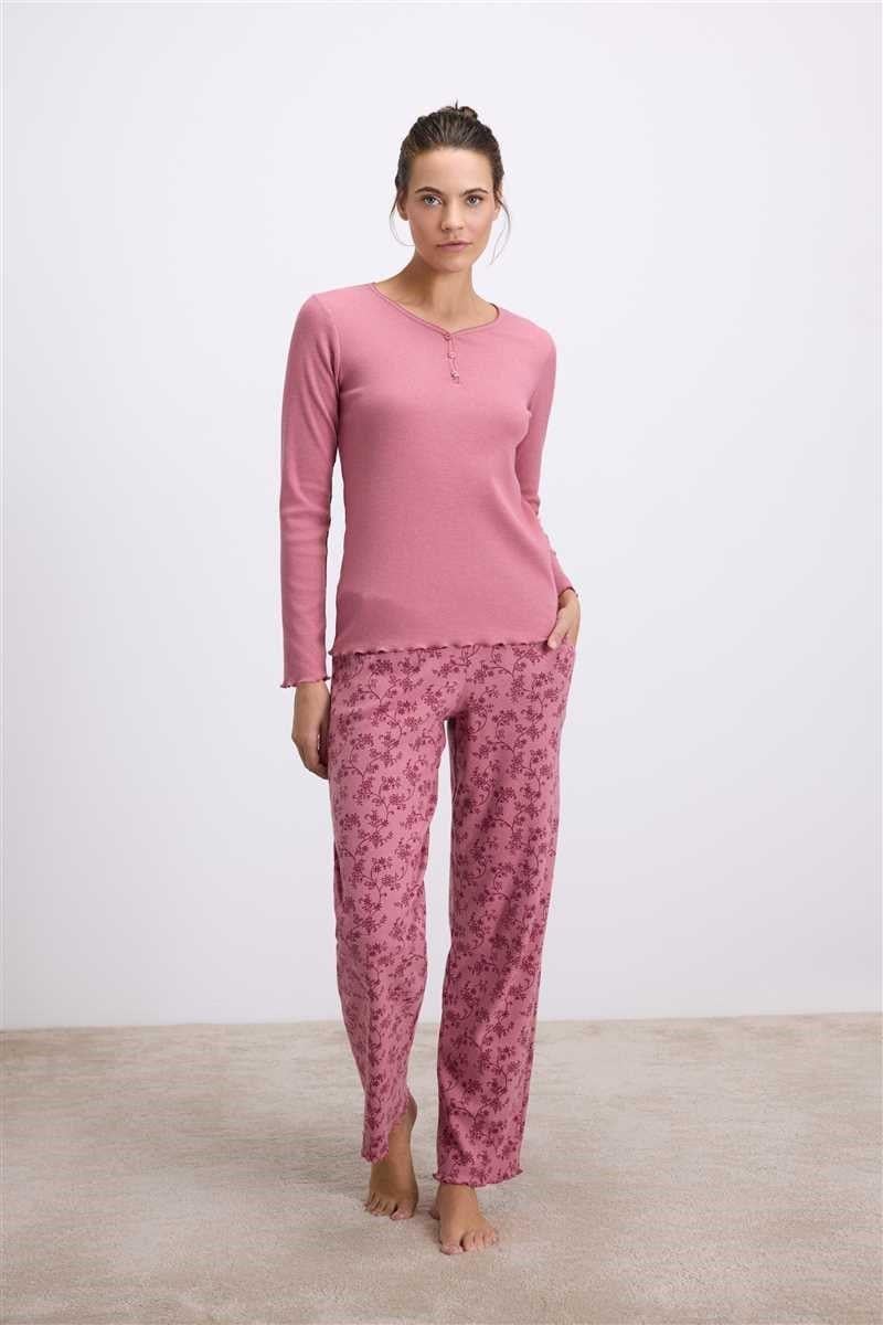 Anıl Kadın Uzun Kollu T-Shirt ve Desenli Pantolon Pijama Takımı (11630)