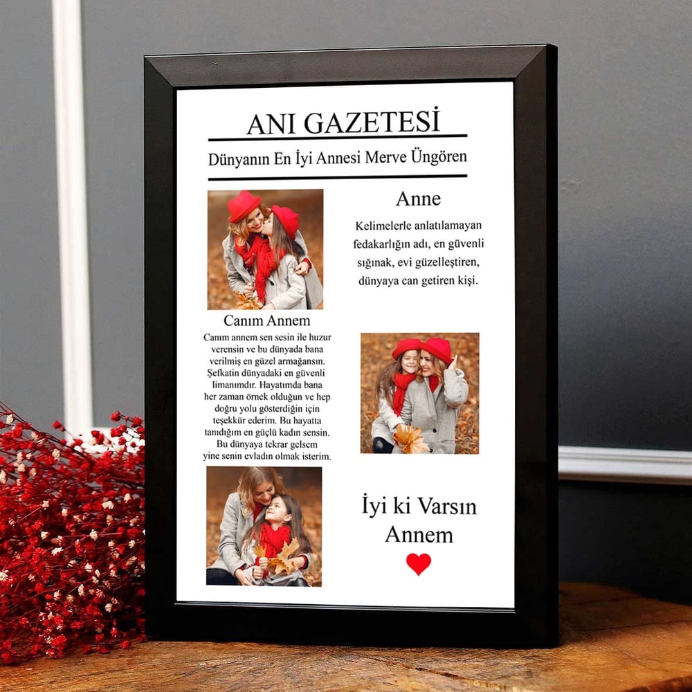  null null Anneye Hediye Anı Gazetesi Tasarımlı Fotoğraflı Kolaj Fotoğraf Çerçevesi
