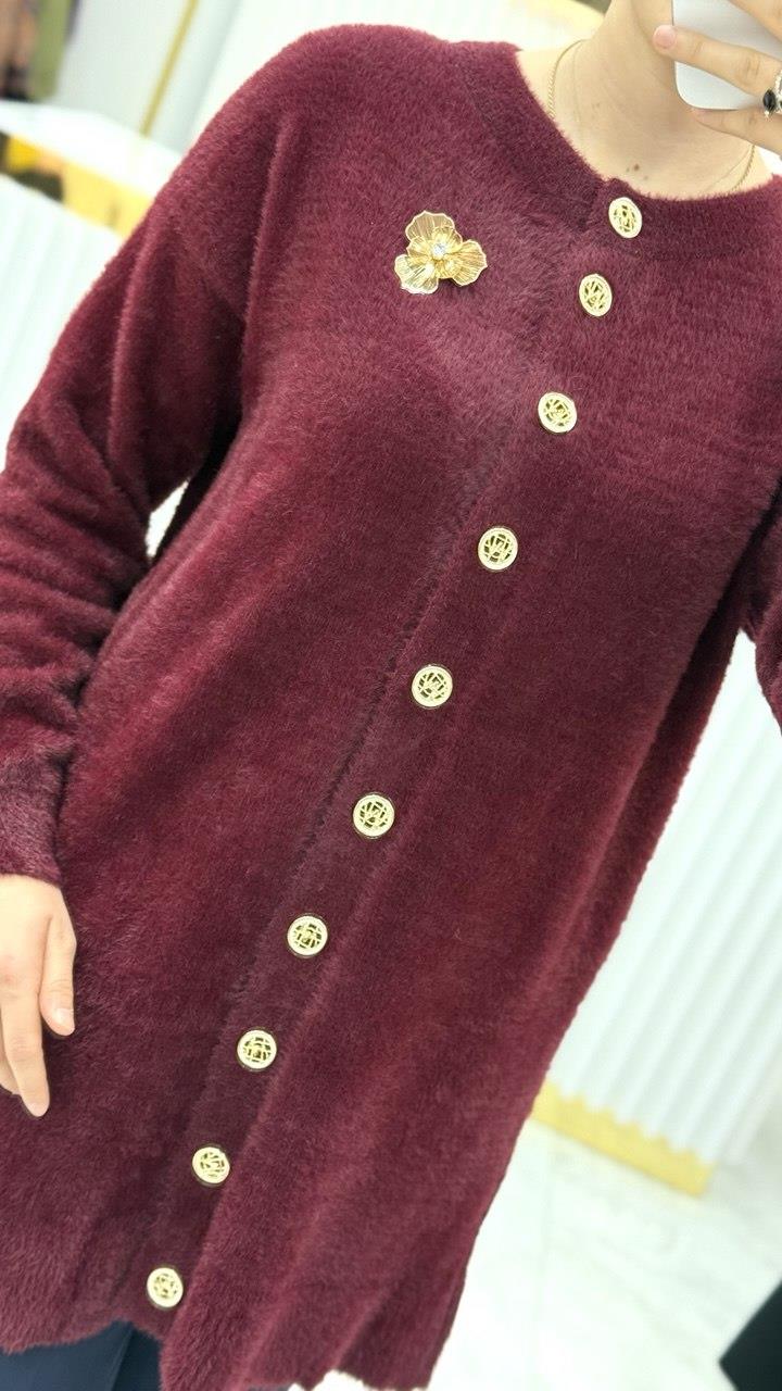 Angora Broşlu Uzun Ceket 7668
