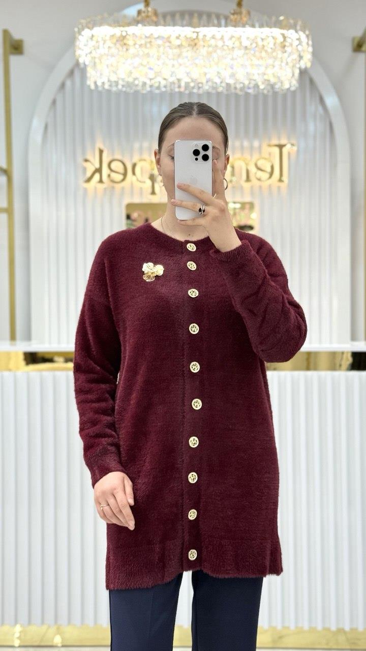 Angora Broşlu Uzun Ceket 7668