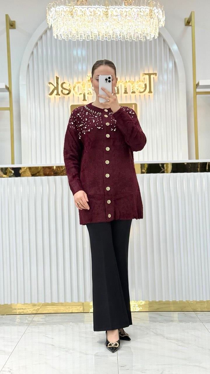 Angora İncili Uzun Ceket 7585
