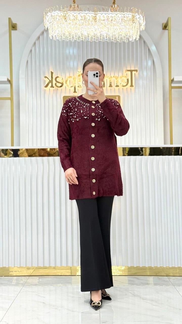 Angora İncili Uzun Ceket 7585