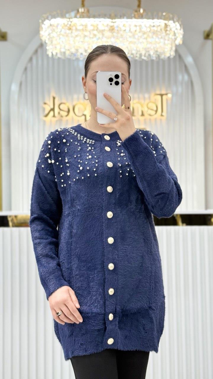 Angora İncili Uzun Ceket 7585