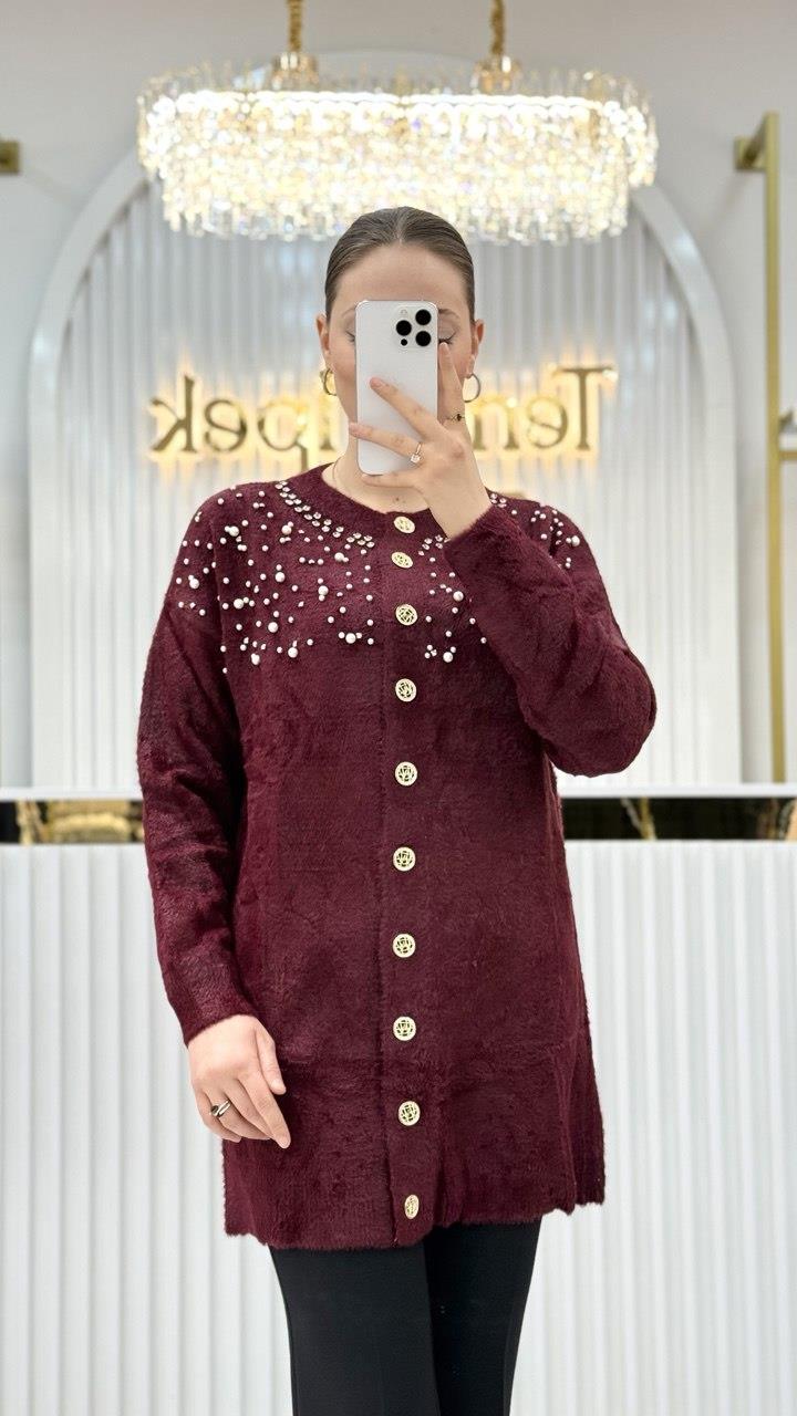 Angora İncili Uzun Ceket 7585