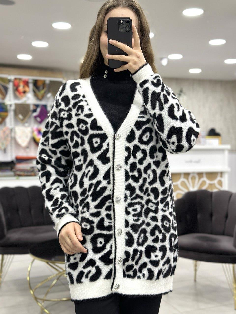 Angora Leopar Desenli Uzun Hırka 101002