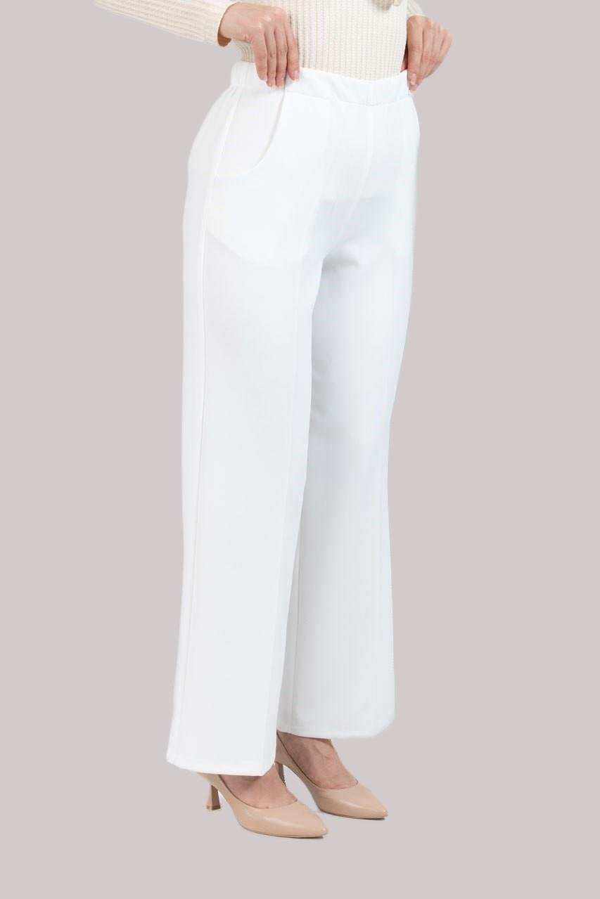 Beli Lastik Detaylı Bol Paça Pantolon Double Kumaş 1496