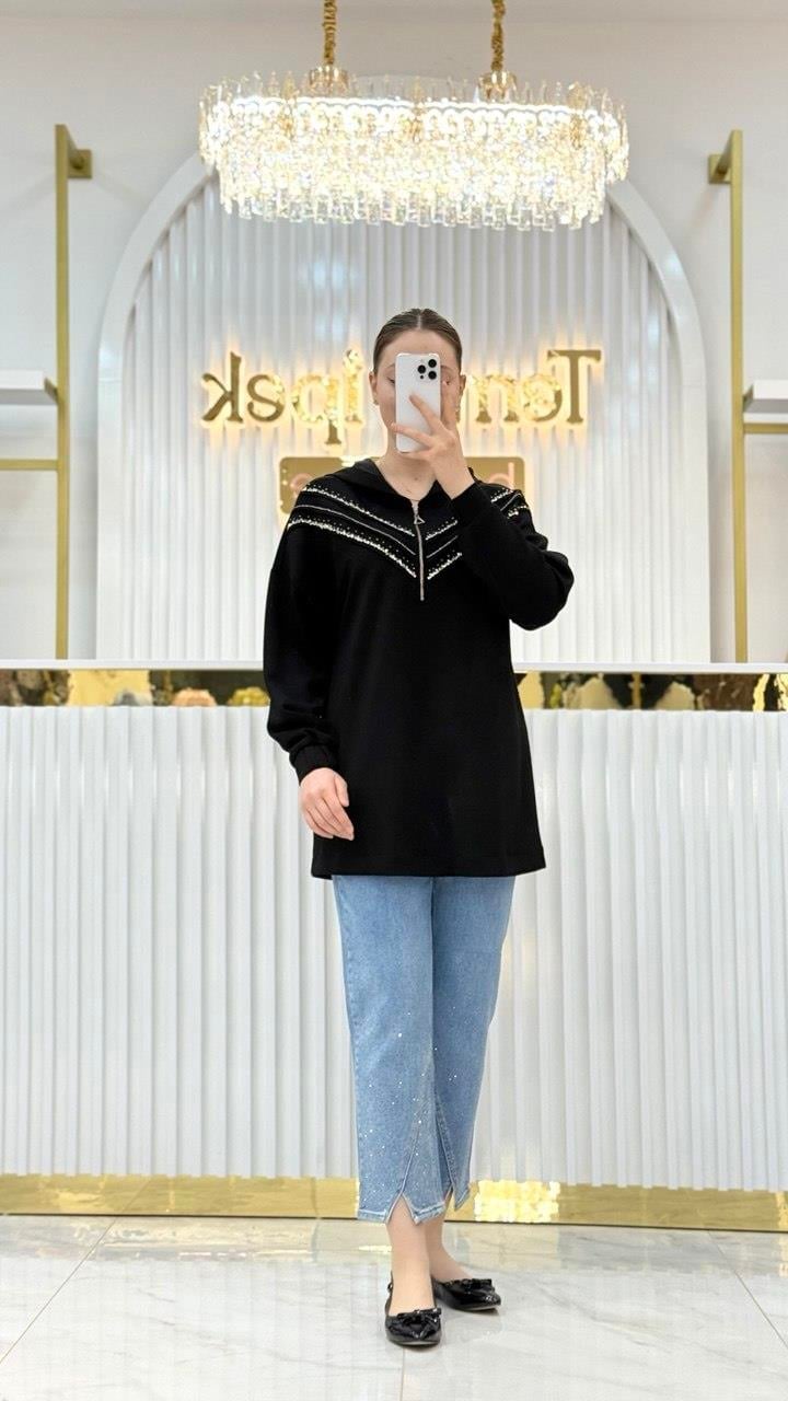 Kayra - Dikiş Detaylı ve Taş İşlemeli Scuba Sweatshirt KA-B25-31011