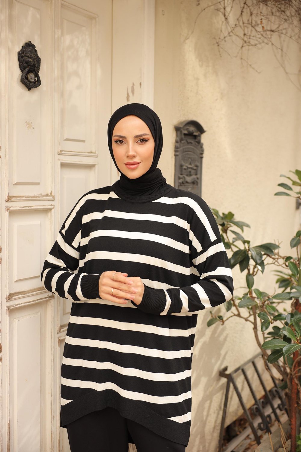 Soğuk Tuşe Oversize Çizgili Tunik 14854