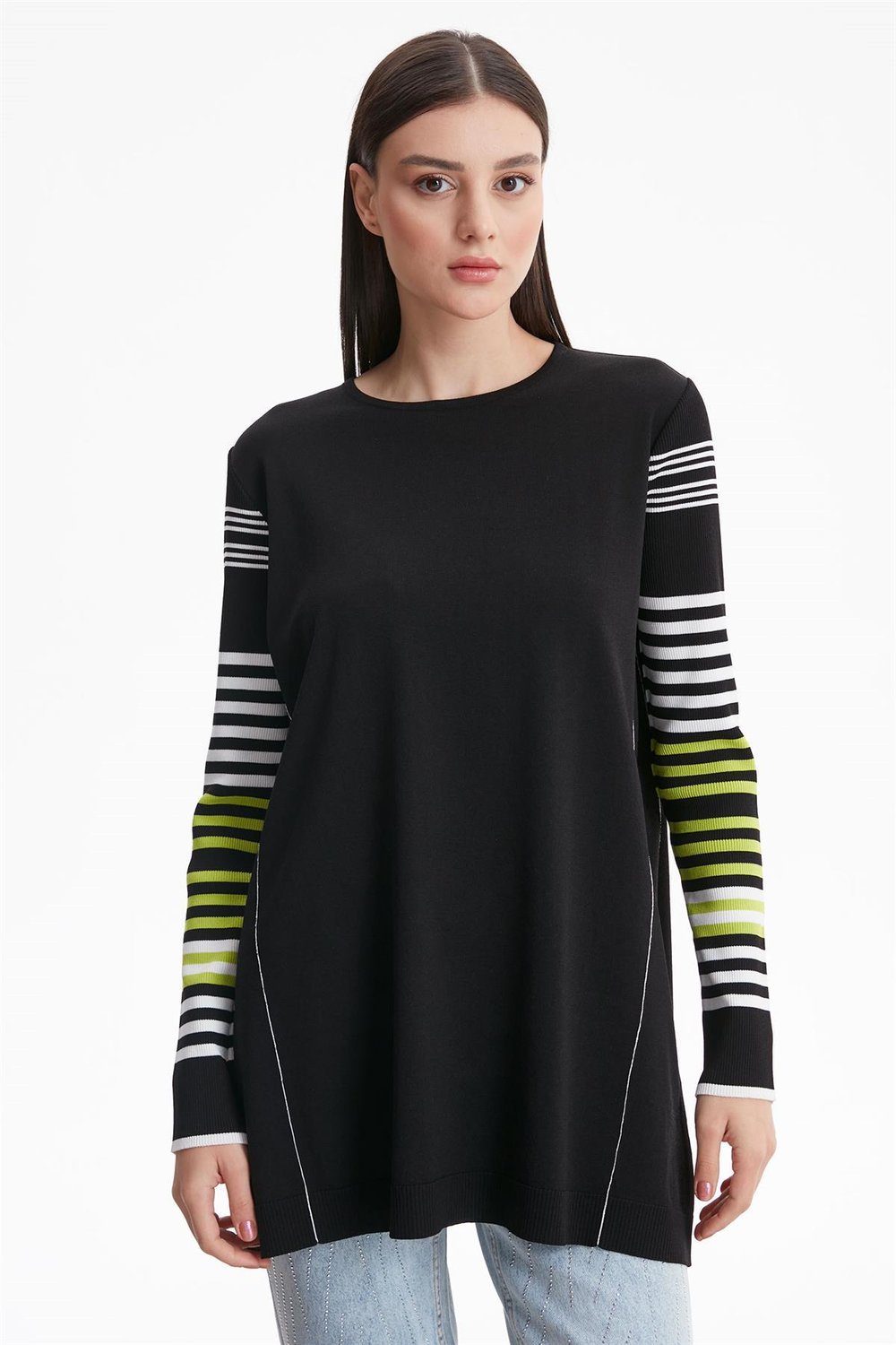 Tığ Triko - Kolları Çizgili Basıc Rayon Triko Tunik 21475.1