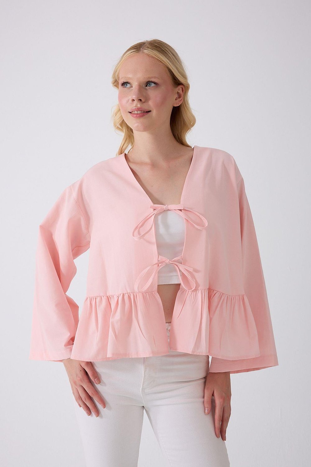 Önü Baglamalı Pembe Fırfırlı Kimono