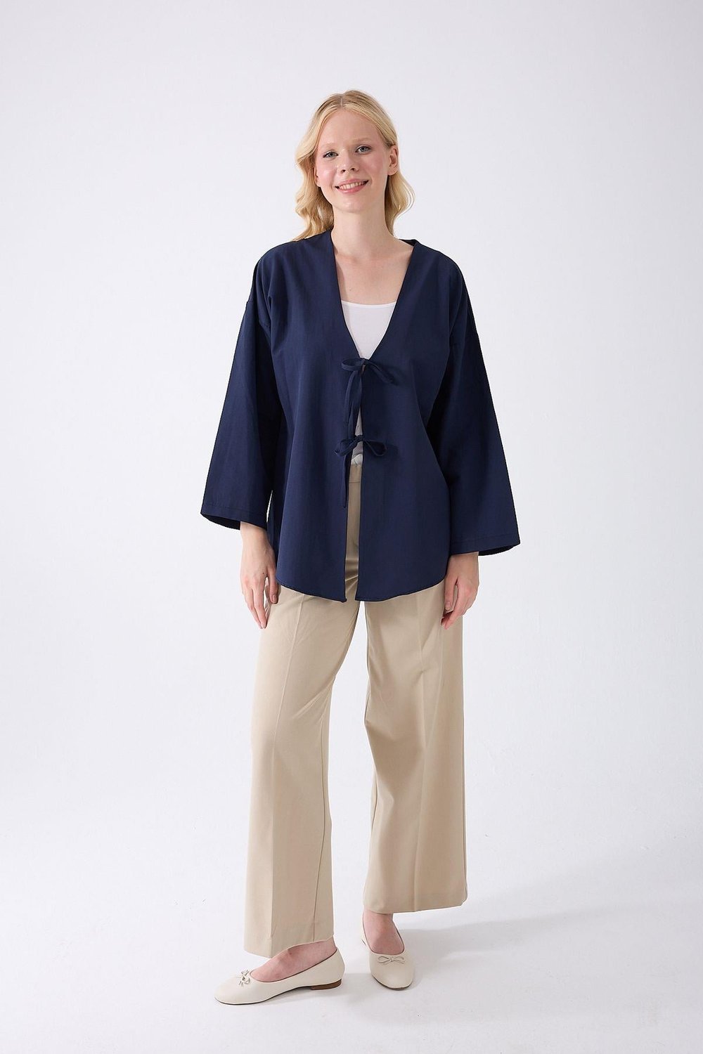 Önü Baglamalı Lacivert Kimono Tunik