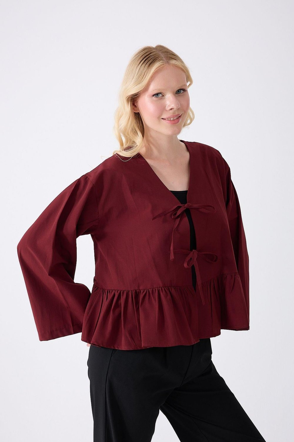 Önü Baglamalı Bordo Fırfırlı Kimono