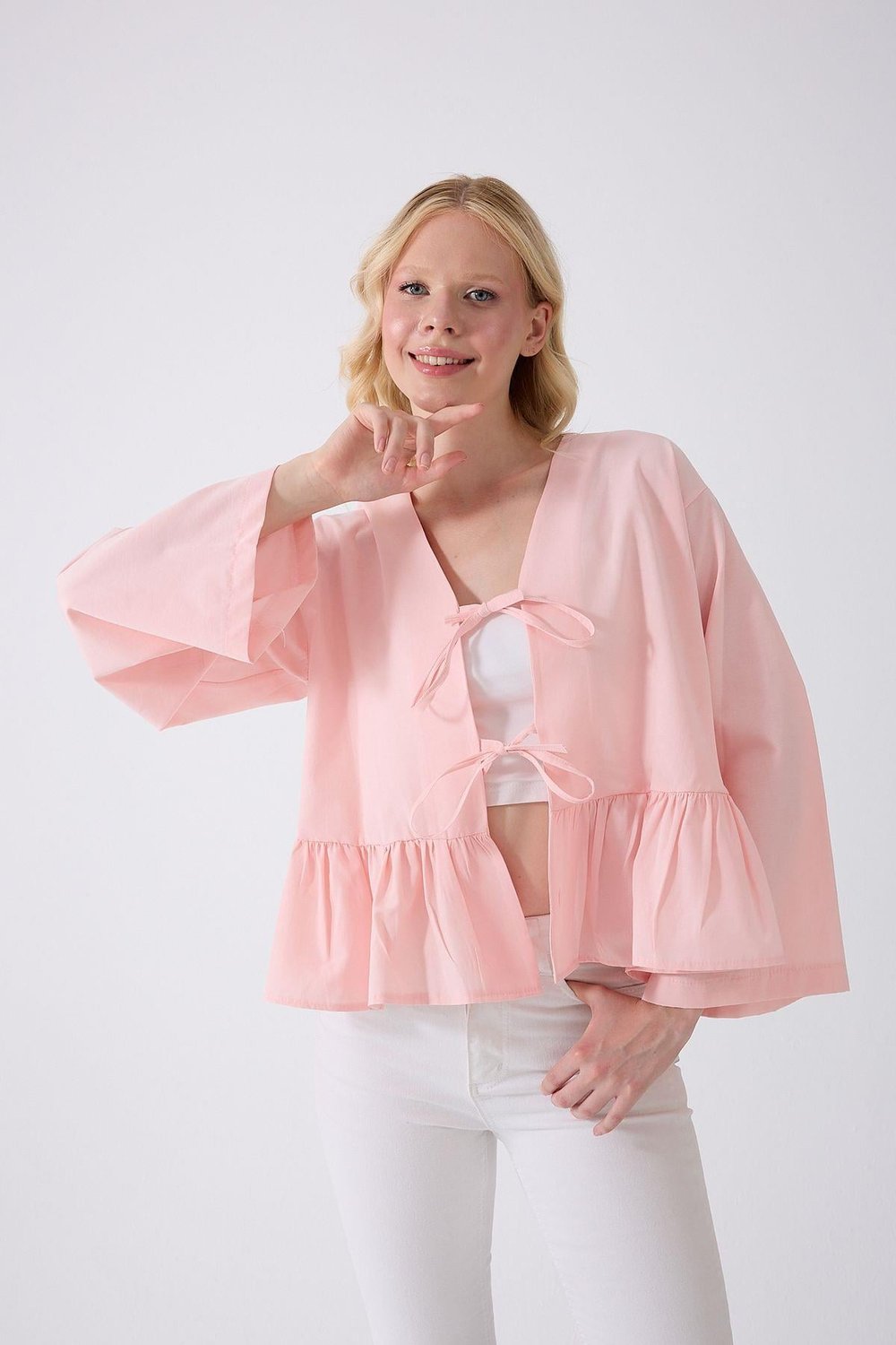 Önü Baglamalı Pembe Fırfırlı Kimono