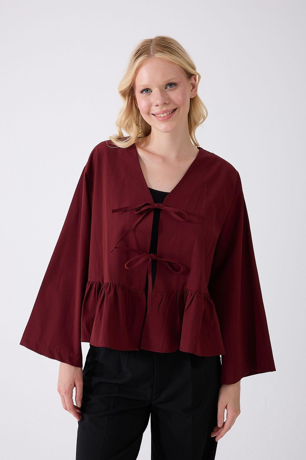 Önü Baglamalı Bordo Fırfırlı Kimono