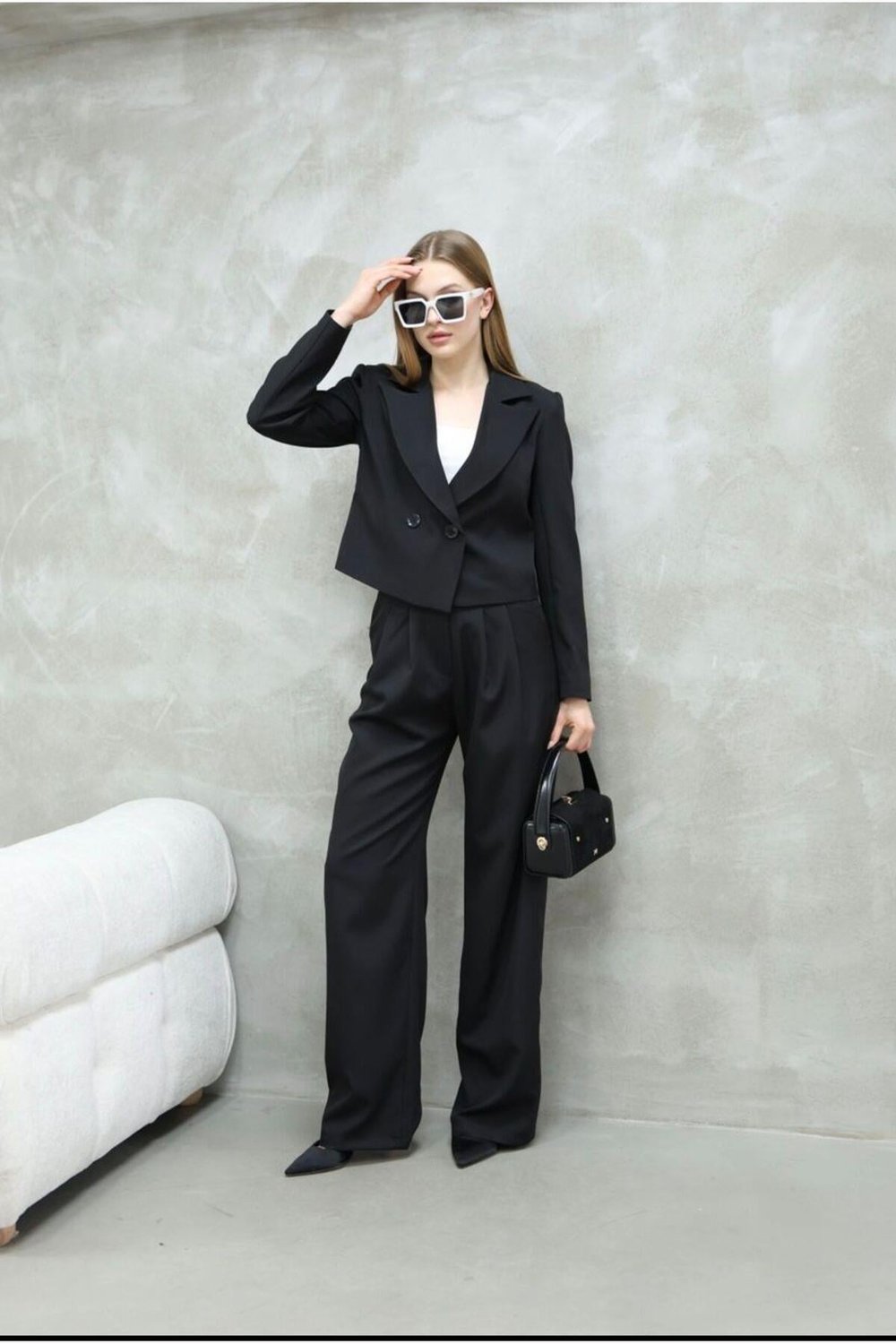 Kısa Crop Blazer Ceket Pantolon Ikili Takım - Siyah