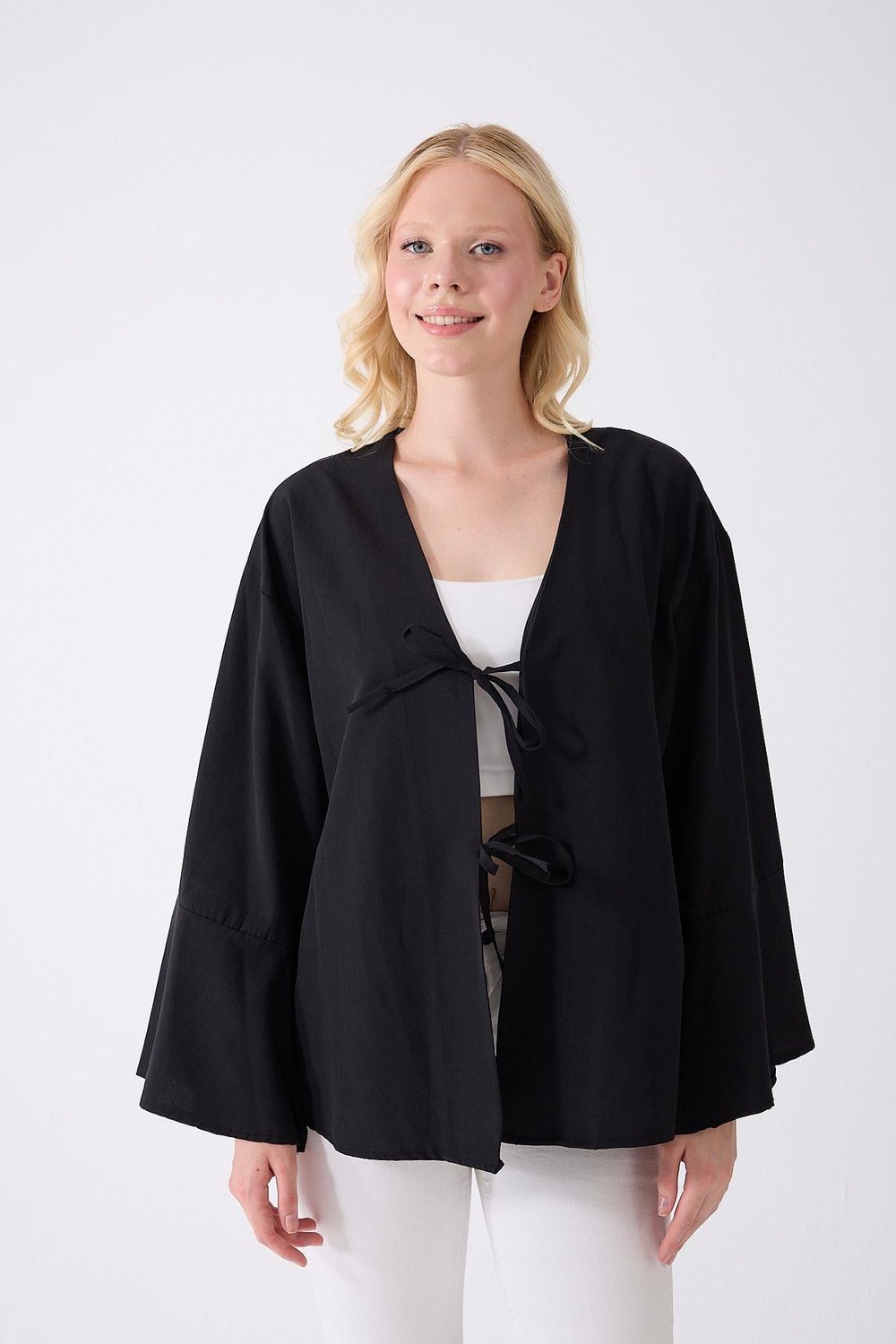 Kadın Siyah Çift Bağlama Kimono