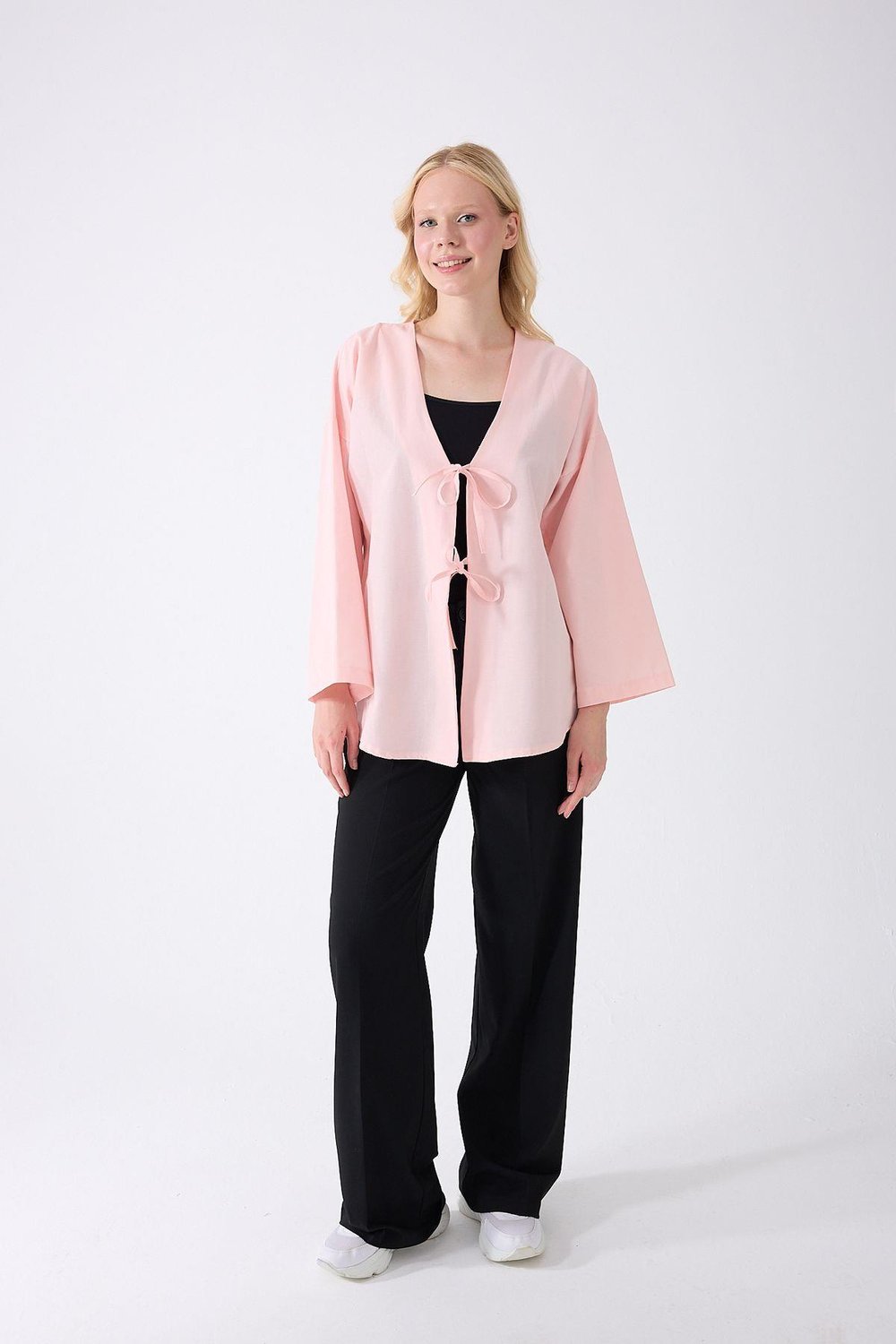 Önü Baglamalı Pembe Kimono Tunik