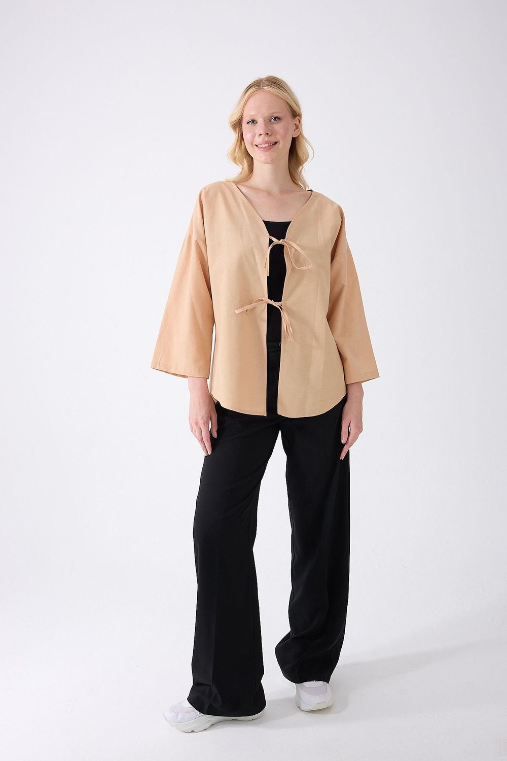Önü Baglamalı Bej Kimono Tunik Oversize