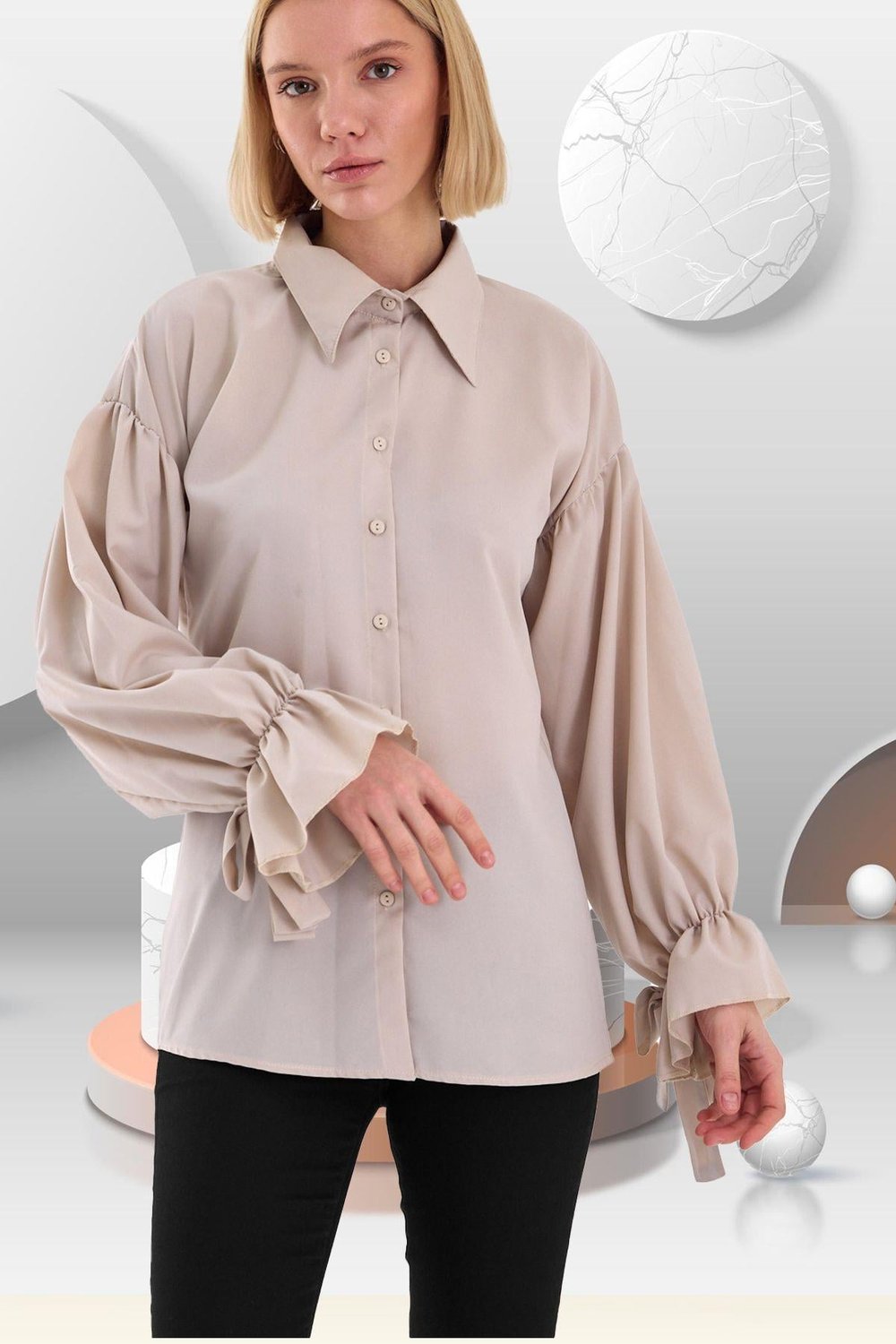 Oversize Büzgü Detaylı Saten Bluz