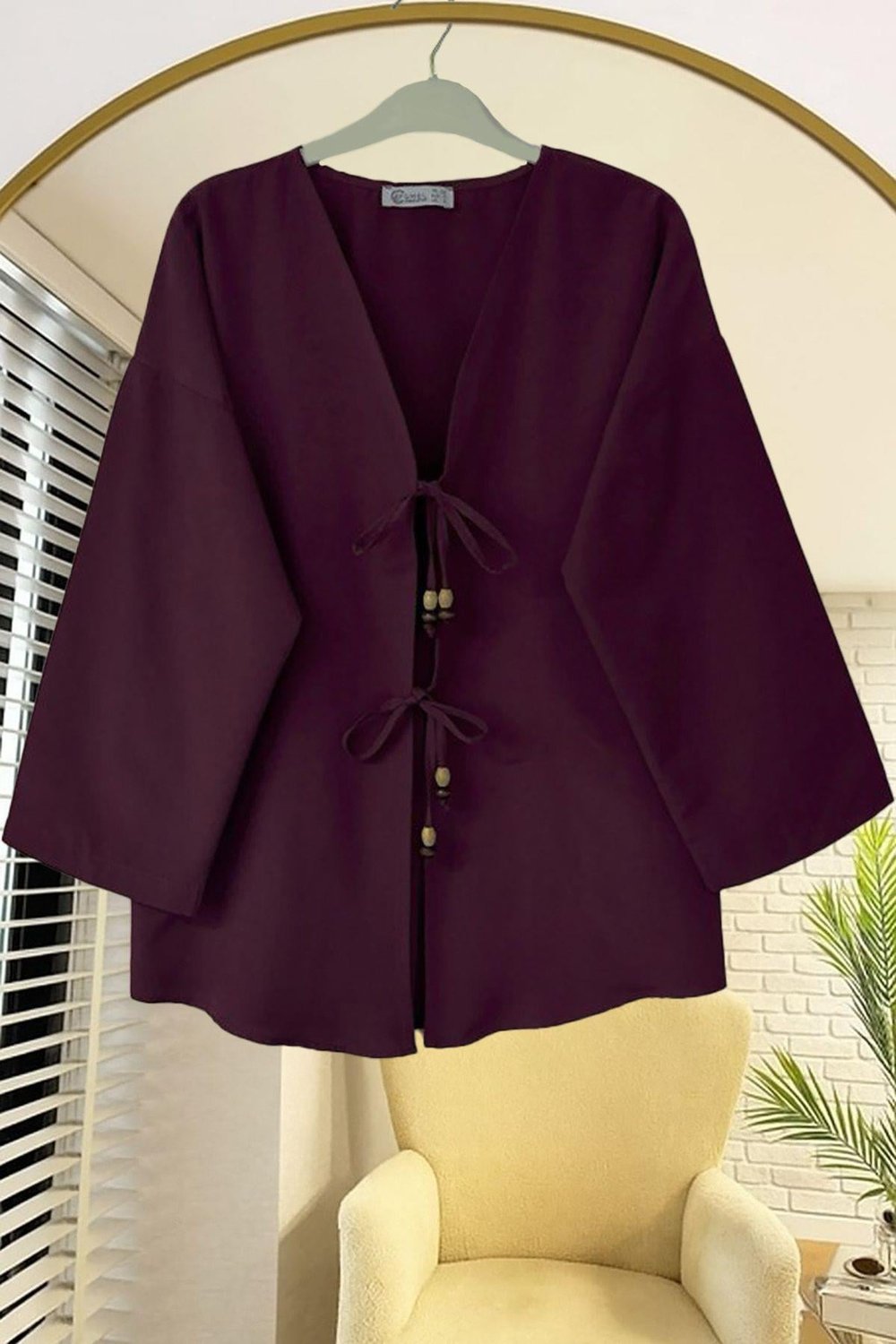 Önü Baglamalı Bordo Kimono Tunik Oversize