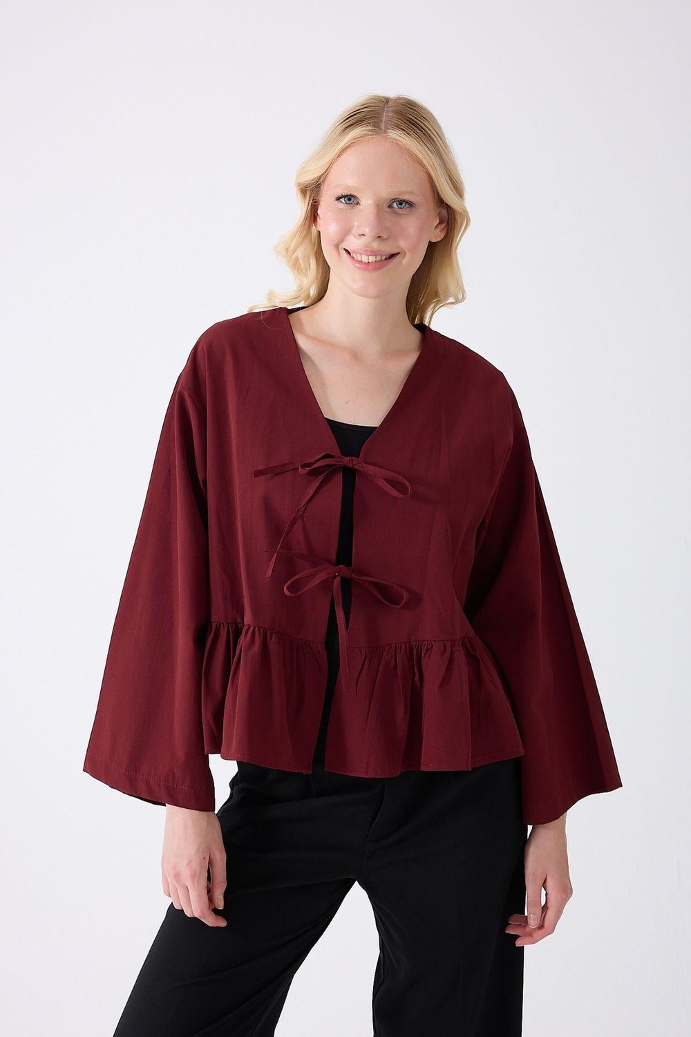 Önü Baglamalı Bordo Fırfırlı Kimono