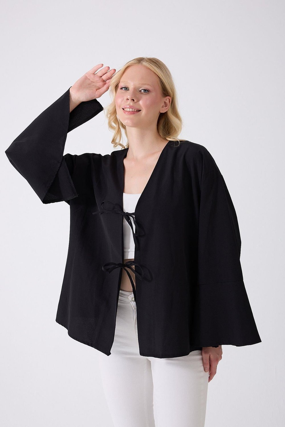 Kadın Siyah Çift Bağlama Kimono