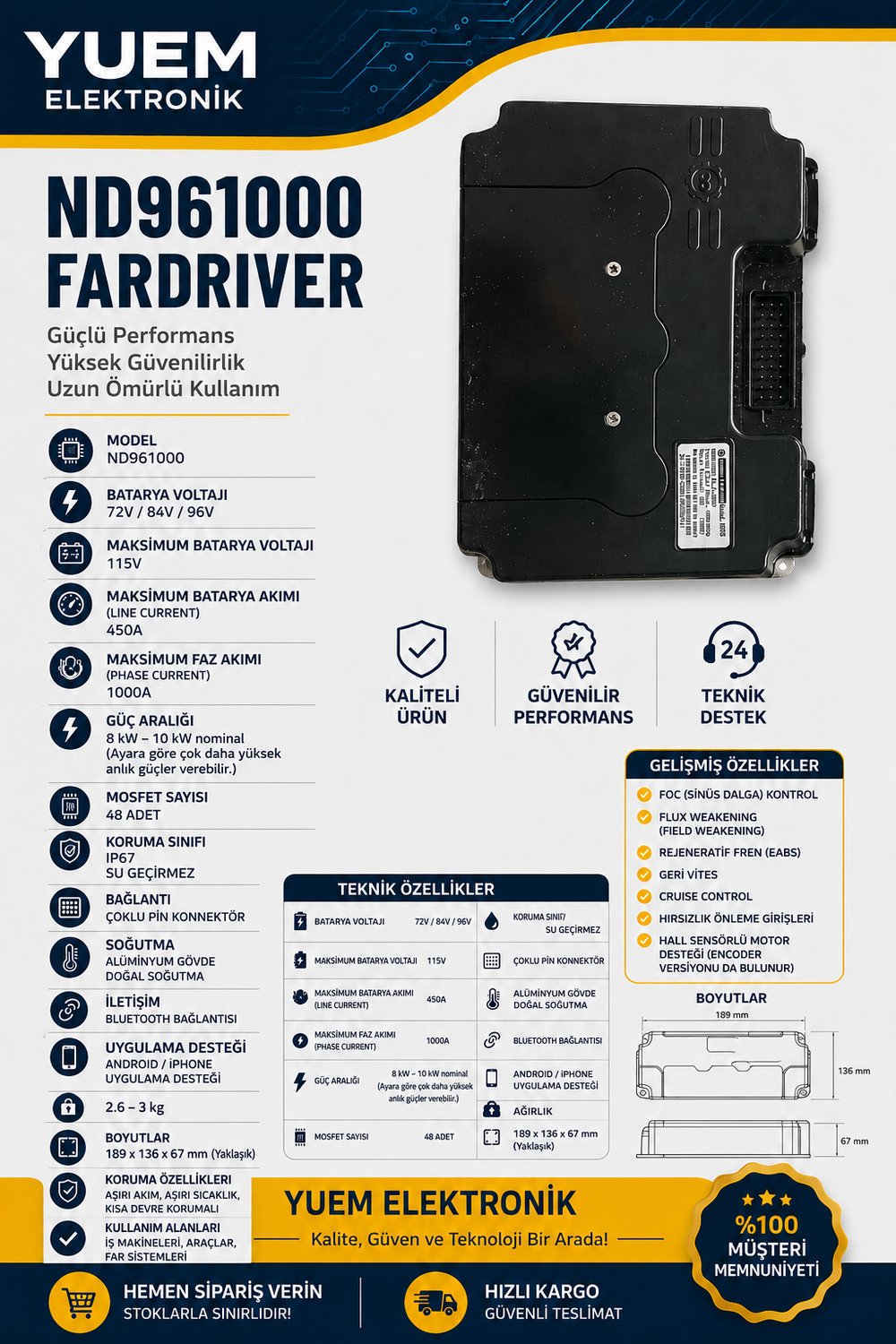 FarDriver ND961000 96V 1000A Motor Kontrol Ünitesi | Yüksek Performans FOC Beyin