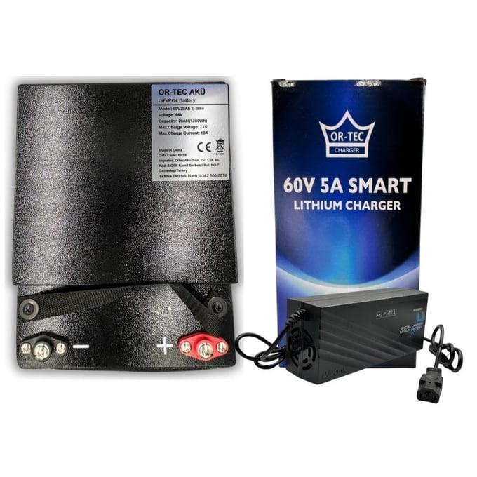 Ortec 60V 20Ah LiFePO4 Elektrikli Motosiklet Aküsü + 60V 5A Lityum Şarj Aleti Seti