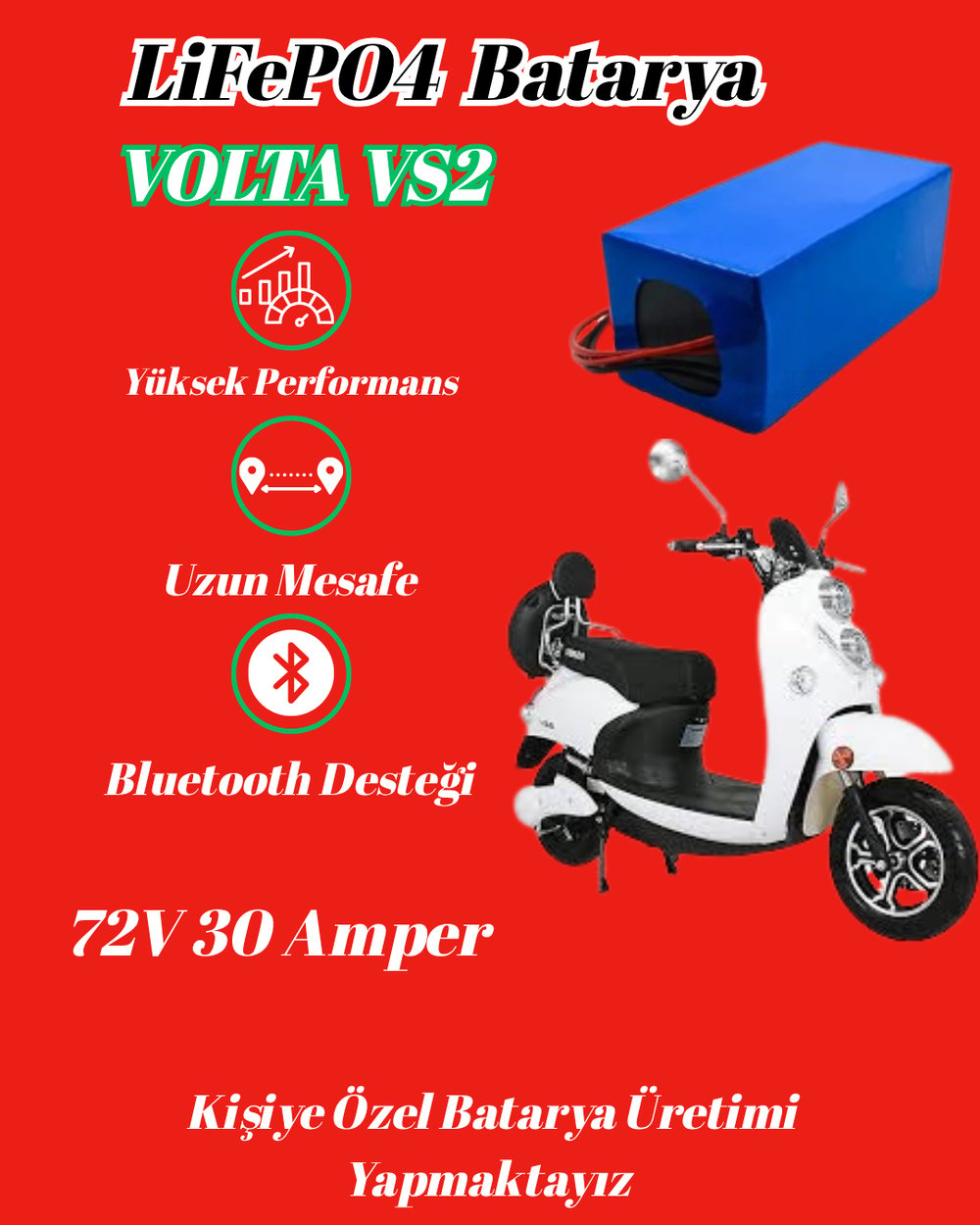 VOLTA VS2 Uyumlu 72V 30Ah LiFePO4 Bluetooth Batarya – Akıllı, Güçlü ve Güvenli Pil