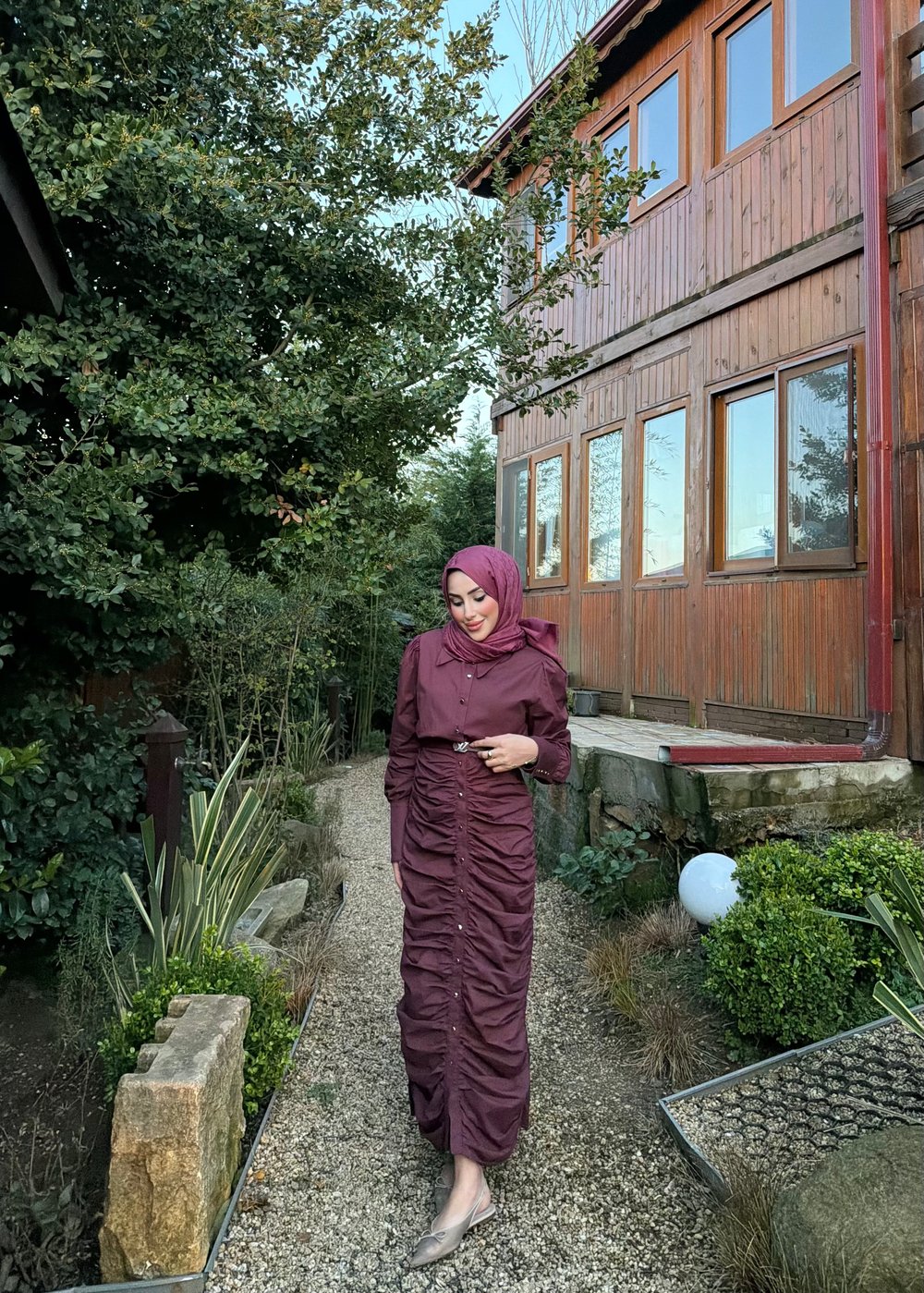 BÜZGÜLÜ TASARIM GÖMLEK ELBİSE-BORDO