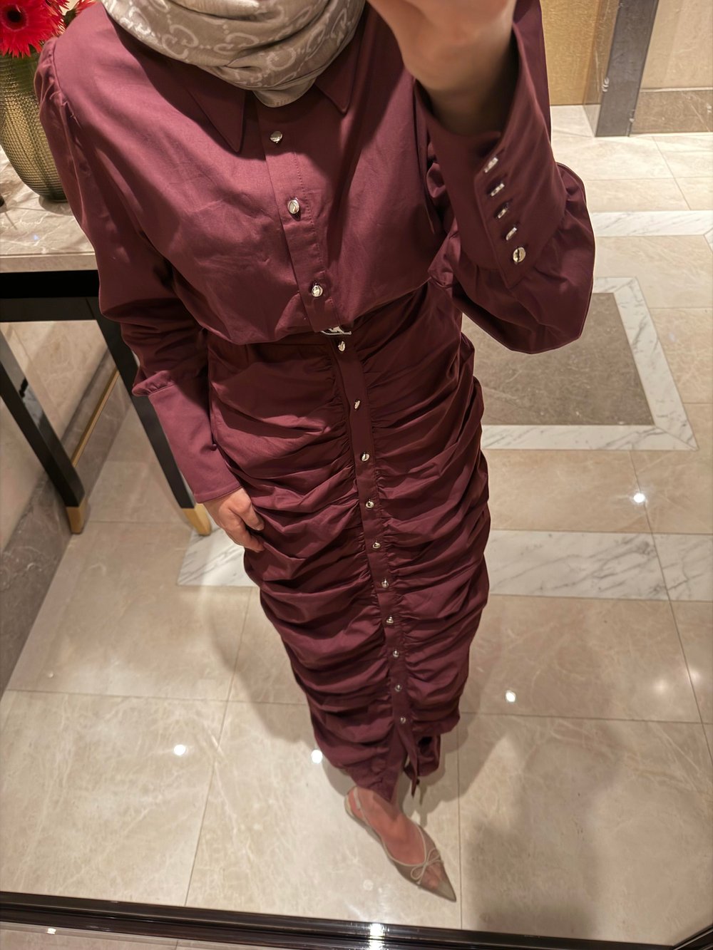 BÜZGÜLÜ TASARIM GÖMLEK ELBİSE-BORDO