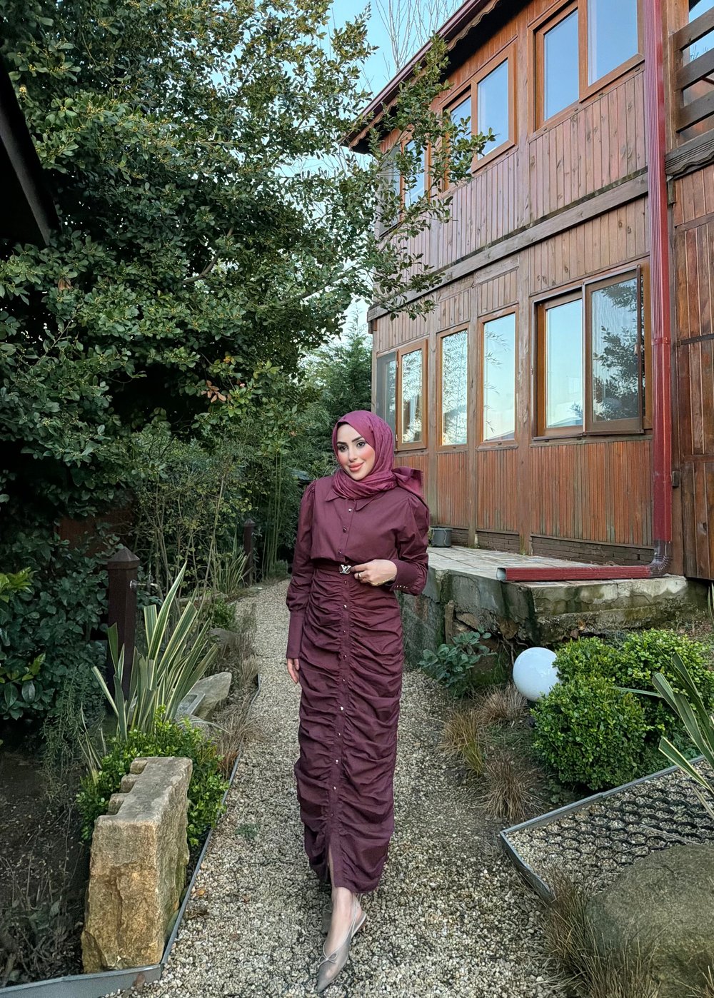 BÜZGÜLÜ TASARIM GÖMLEK ELBİSE-BORDO