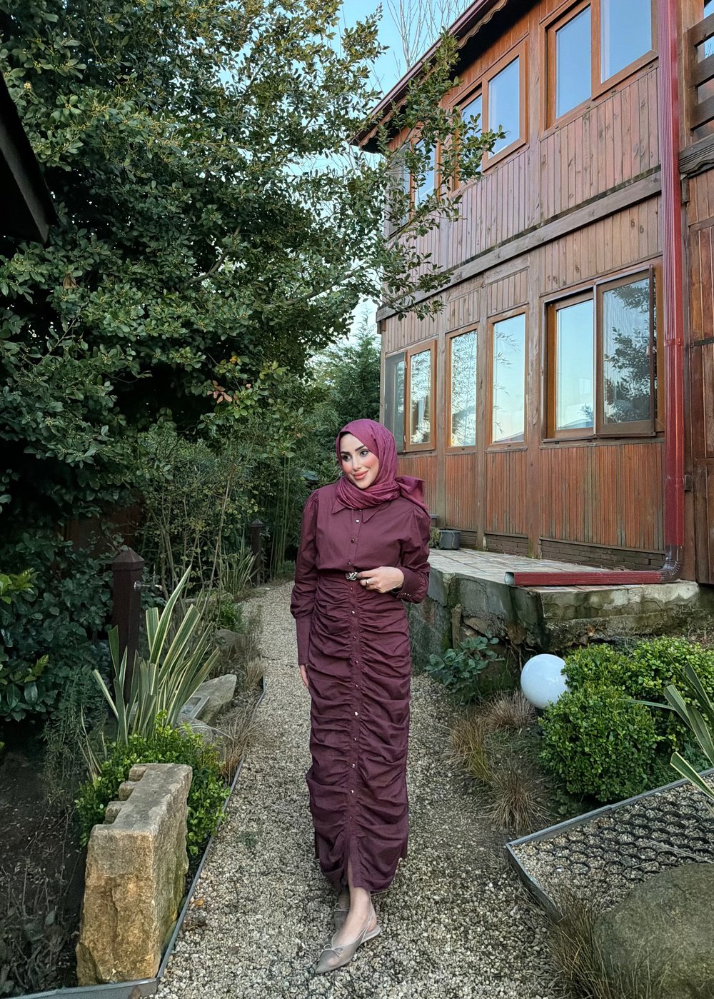 BÜZGÜLÜ TASARIM GÖMLEK ELBİSE-BORDO