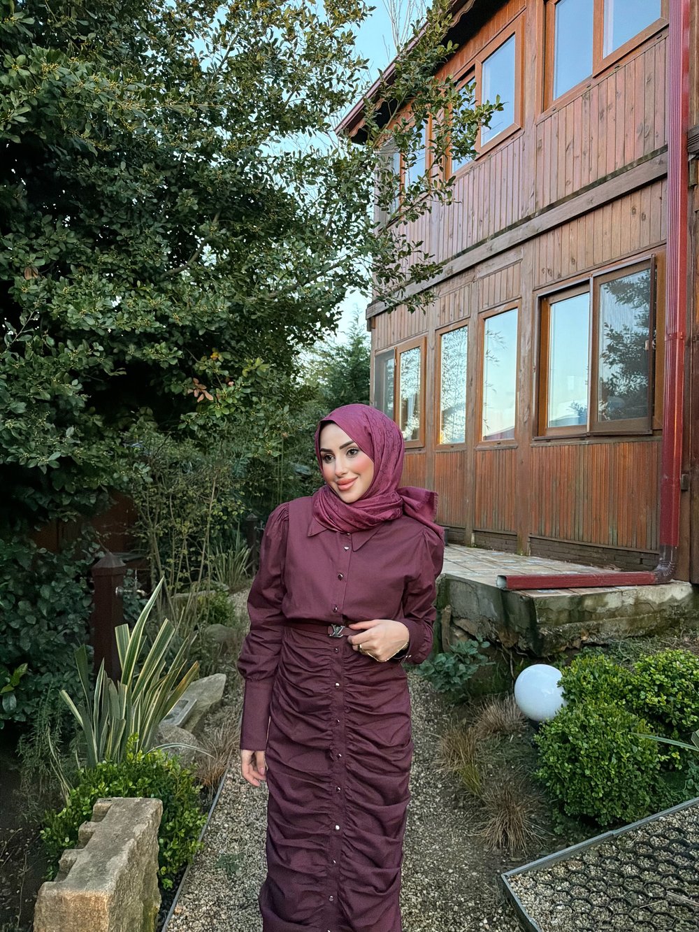 BÜZGÜLÜ TASARIM GÖMLEK ELBİSE-BORDO