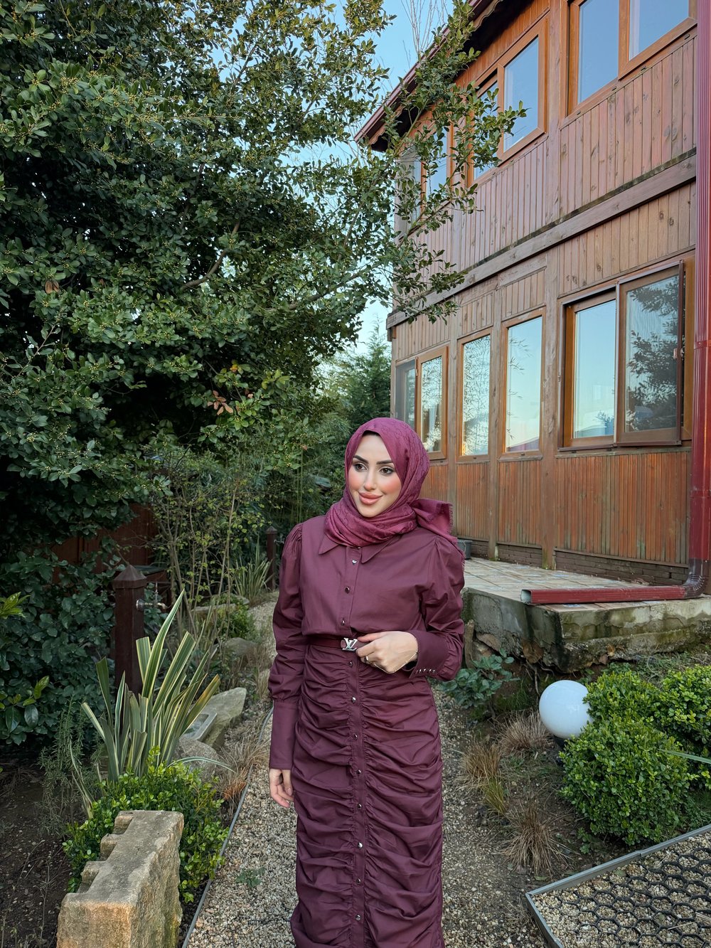 BÜZGÜLÜ TASARIM GÖMLEK ELBİSE-BORDO