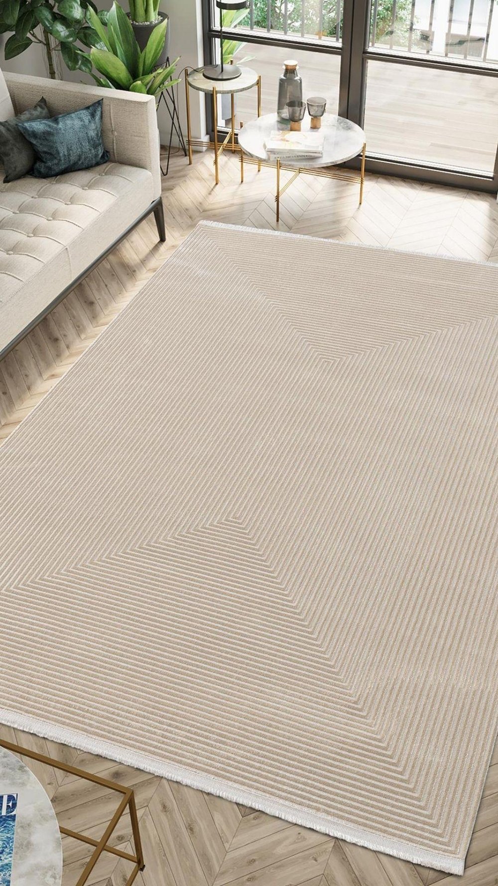 By Özer Halı Açık Taş Renk Geometrik Desenli Modern Karmen Halı Merit MR010A Salon Halısı