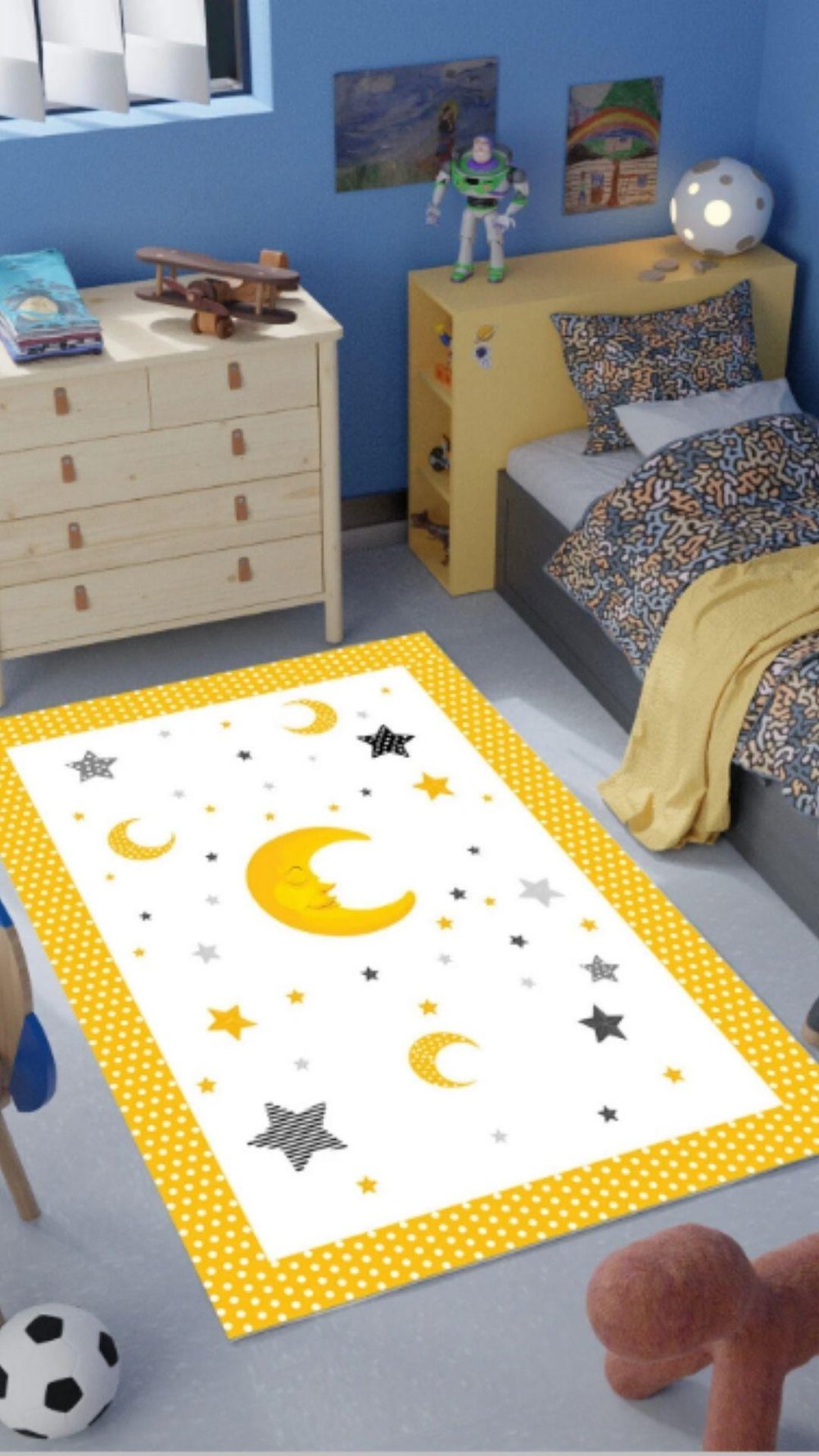 By Özer Halı Ay ve Yıldız Temalı Makinede Yıkanabilir Dot Taban Modern Stil Çocuk Odası Halısı