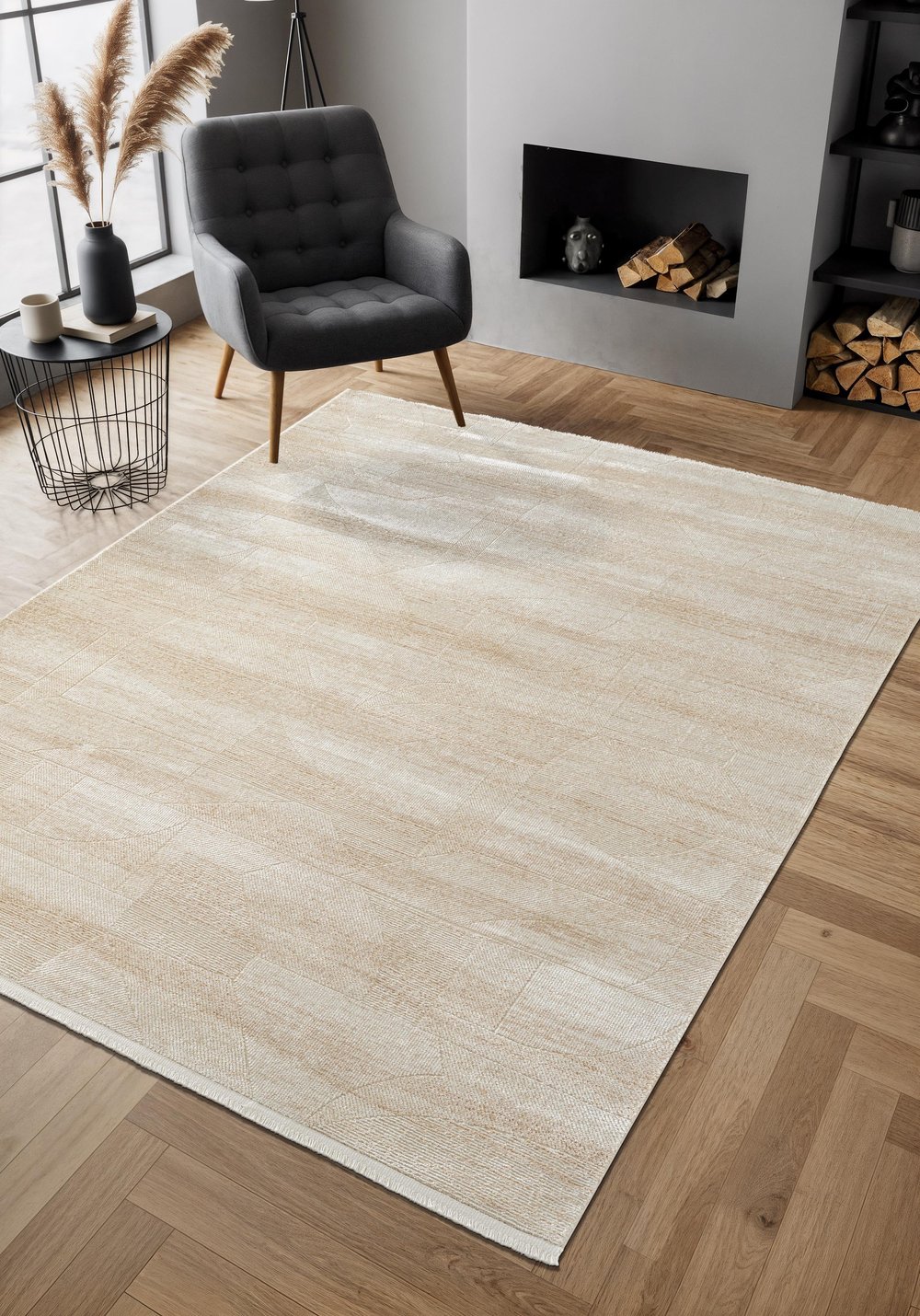 By Özer Halı Bej Renk Geometrik Desenli Modern Stil Karmen Halı Cosmos CS001B Salon Halısı