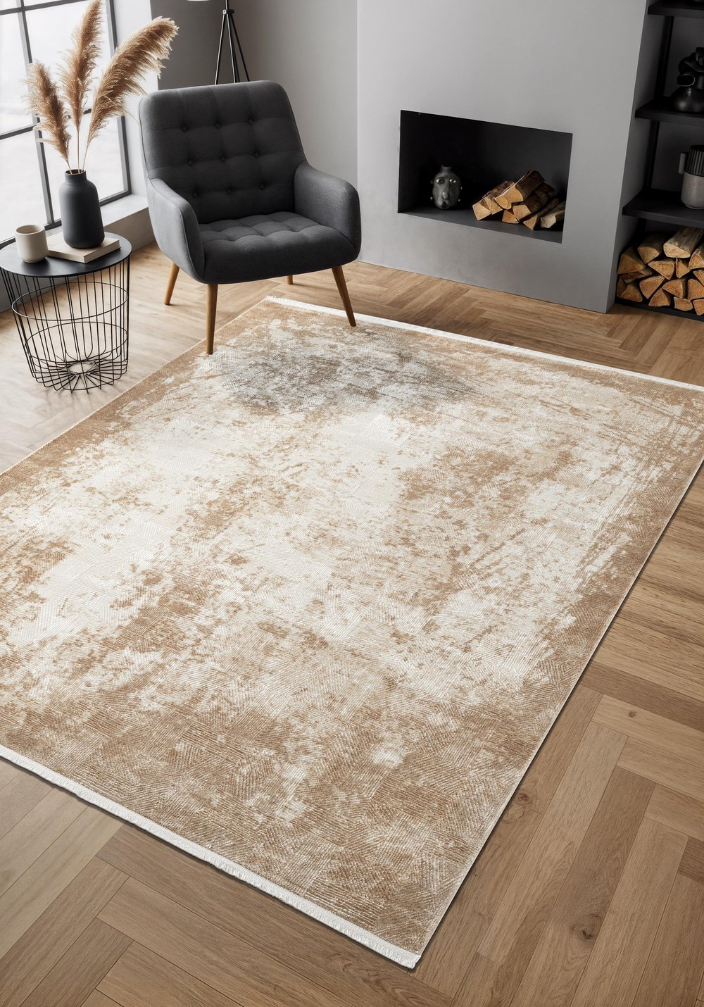 By Özer Halı Bej Renk Geometrik Desenli Modern Stil Karmen Halı Cosmos CS003B Salon Halısı