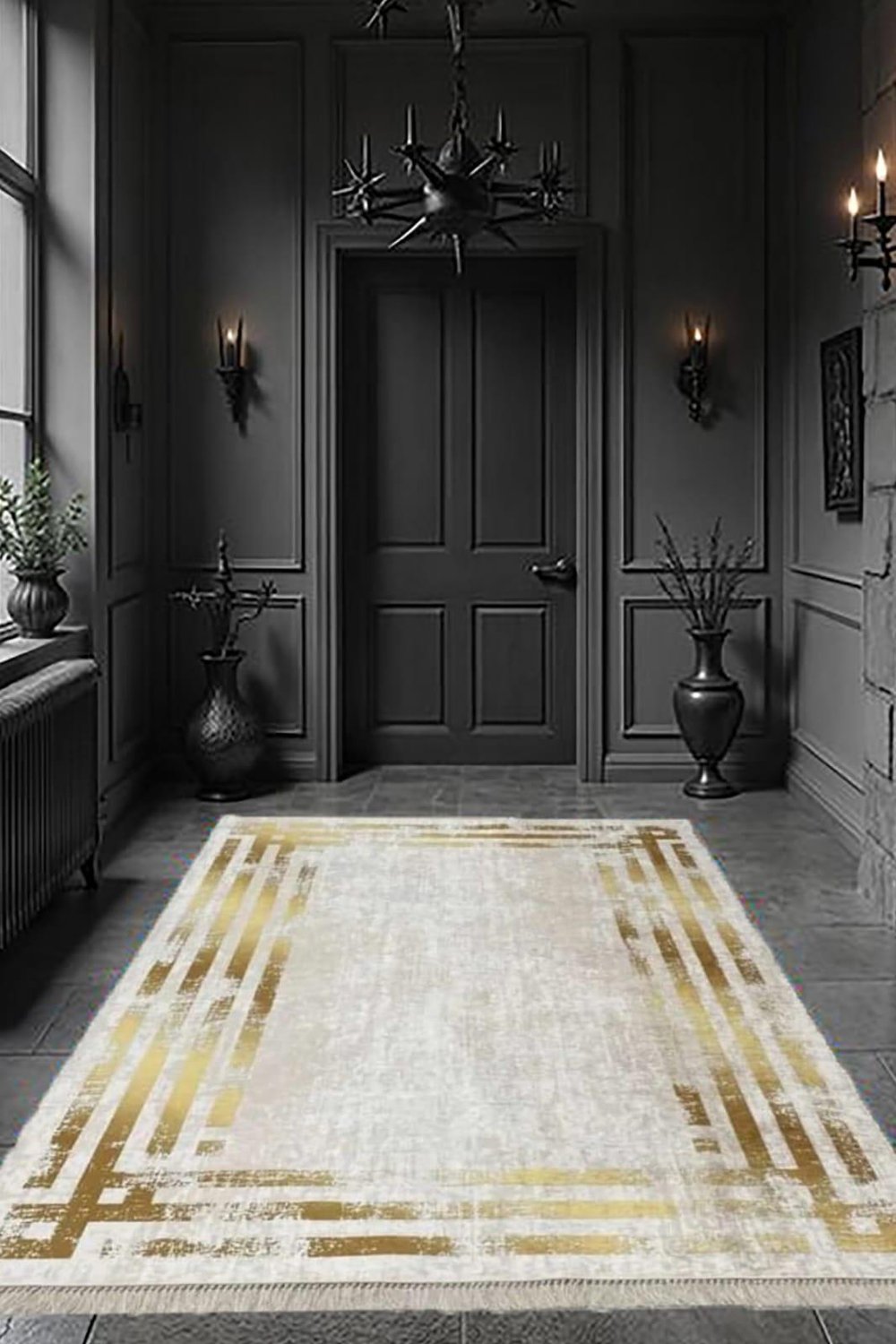 By Özer Halı Bordürlü Bej Gold Renk Makinede Yıkanabilir Modern Stil Yolluk Salon Halısı