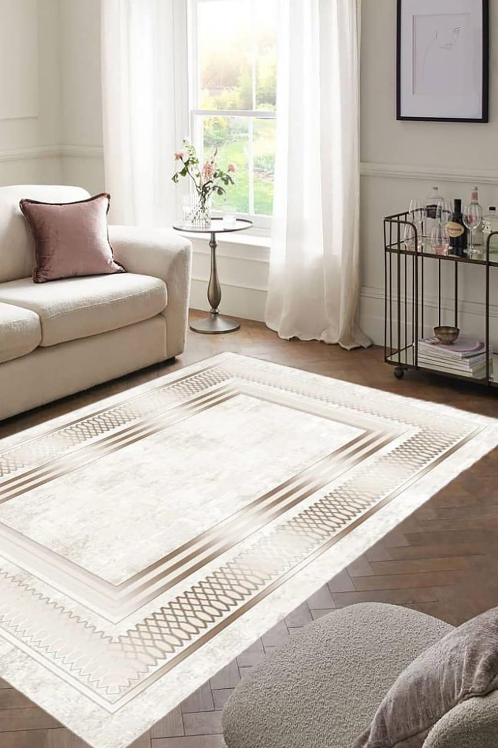 By Özer Halı Bordürlü Dot Taban Krem Kahve Renk Geçişli Makinede Yıkanabilir Modern Stil Kilim Yolluk Salon Halısı