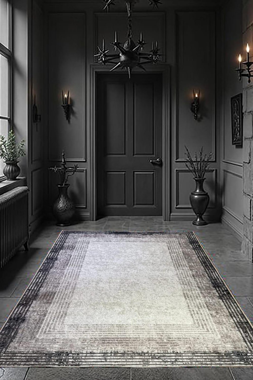 By Özer Halı Bordürlü Gri Siyah Renk Geçişli Saçaklı Makinede Yıkanabilir Modern Stil Kilim Yolluk Salon Halısı