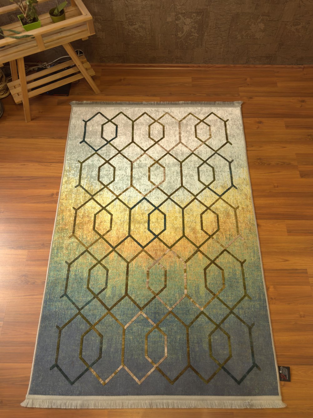 By Özer Halı Geometrik Desenli Yeşil Kahve Renk Geçişli Saçaklı Makinede Yıkanabilir Modern Kilim