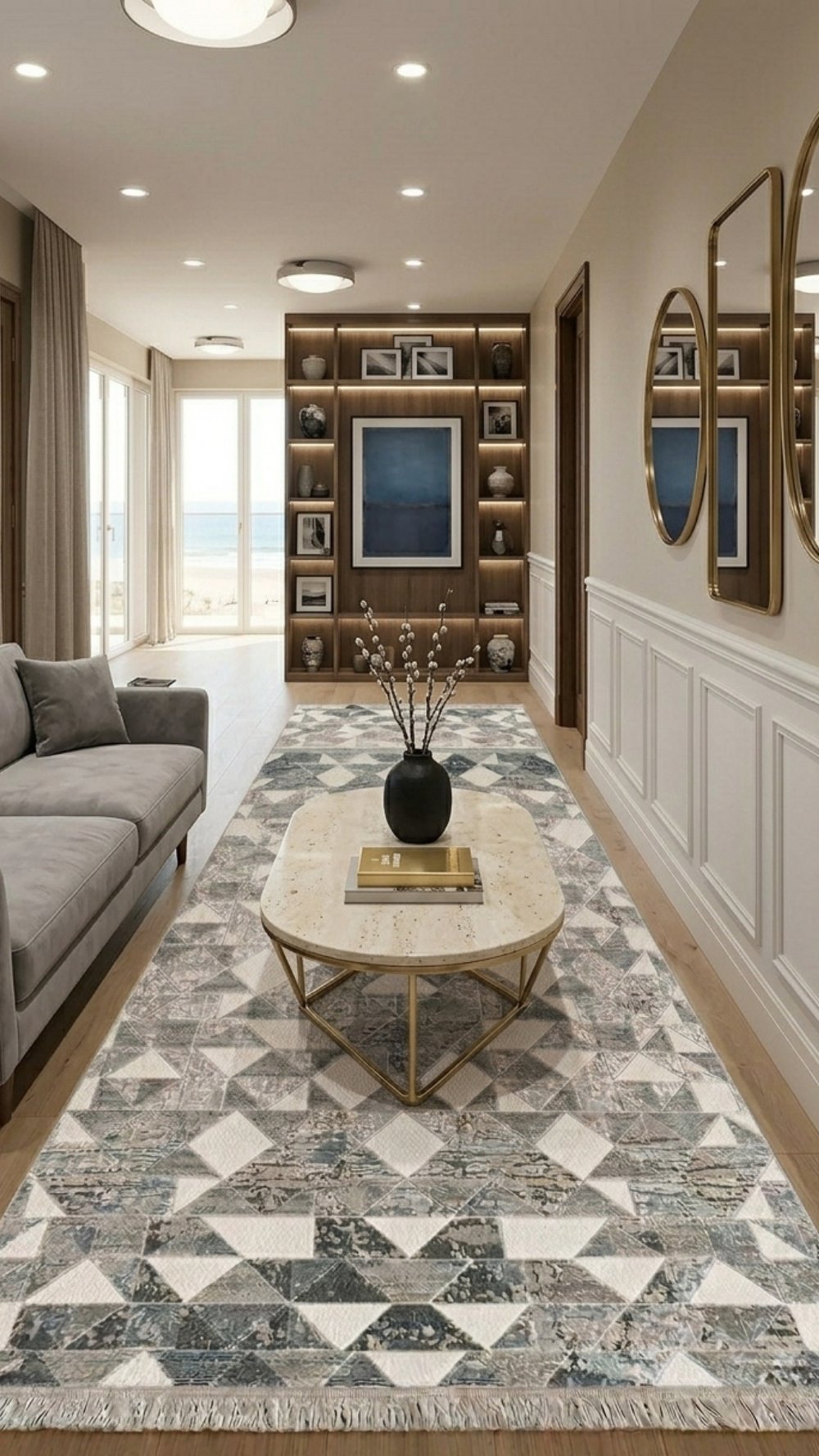 By Özer Halı Gri Renk Bej Çizgili Modern Stil Akrilik İplik Estefan EU07A Salon Halısı
