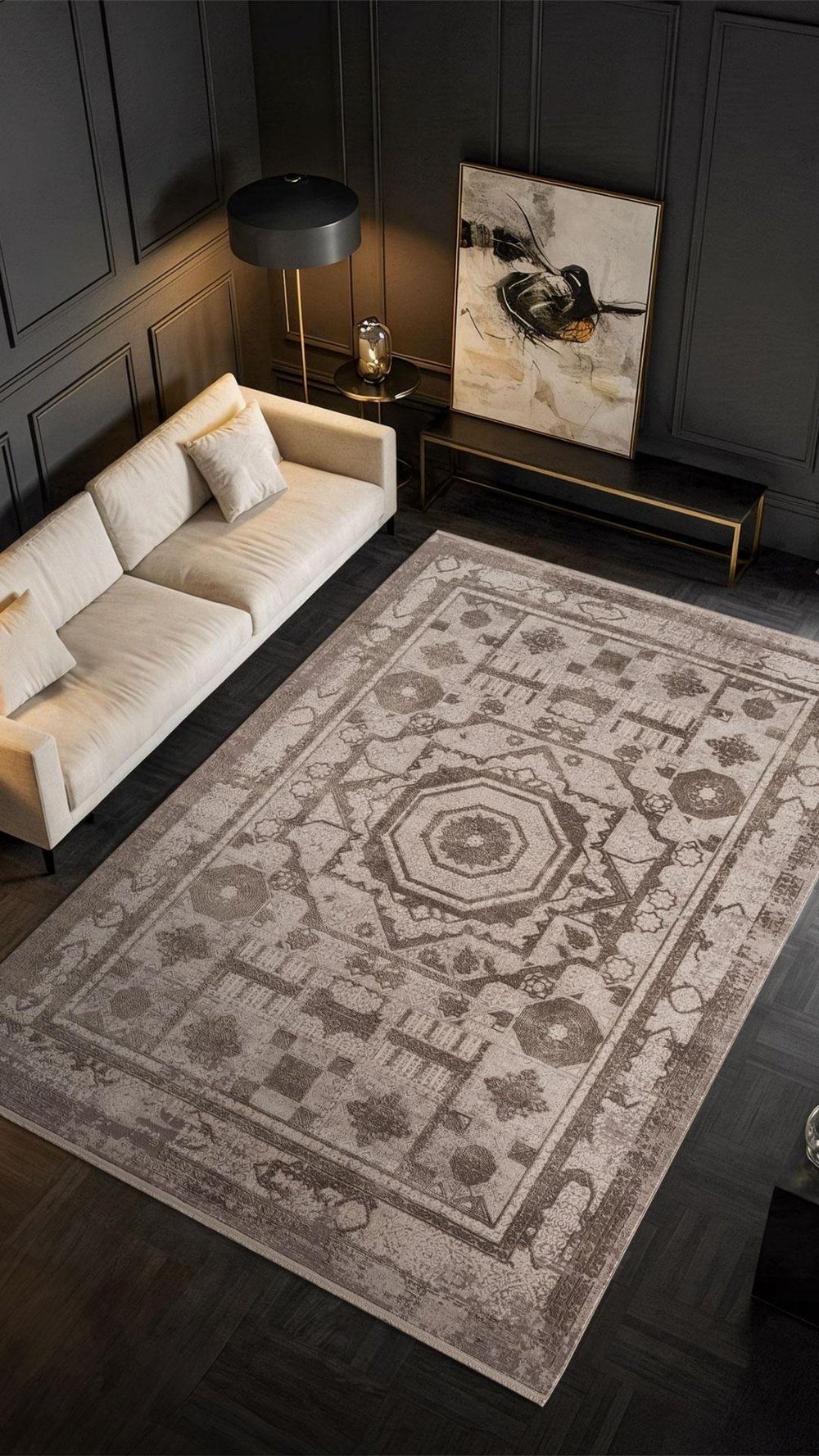 By Özer Halı Gri Renk Bordürlü Desenli Modern Stil Karmen Halı Art AT004G Salon Halısı